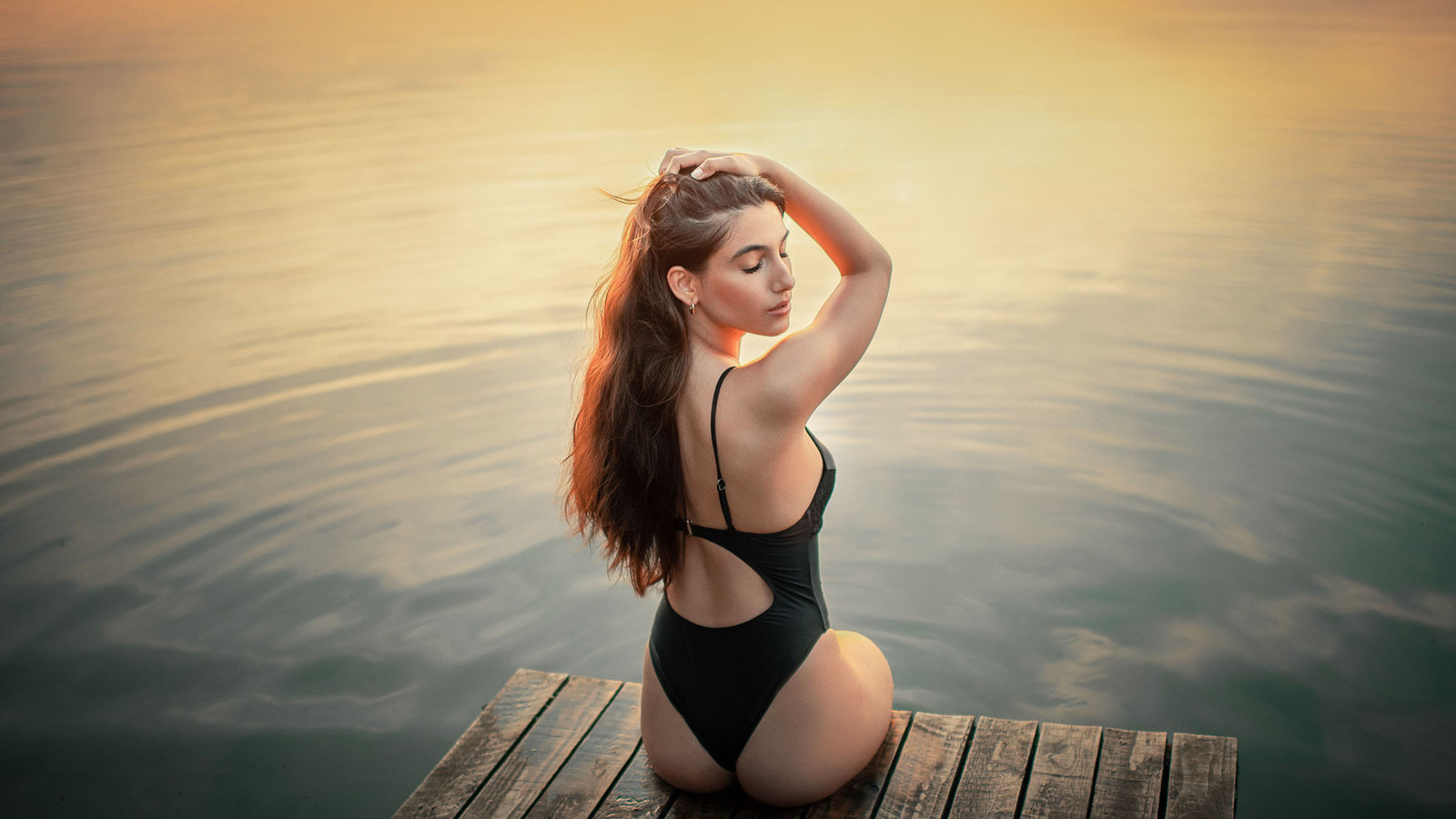 women, ass, closed eyes, one-piece swimsuit, women outdoors, back, water, pier, long hair