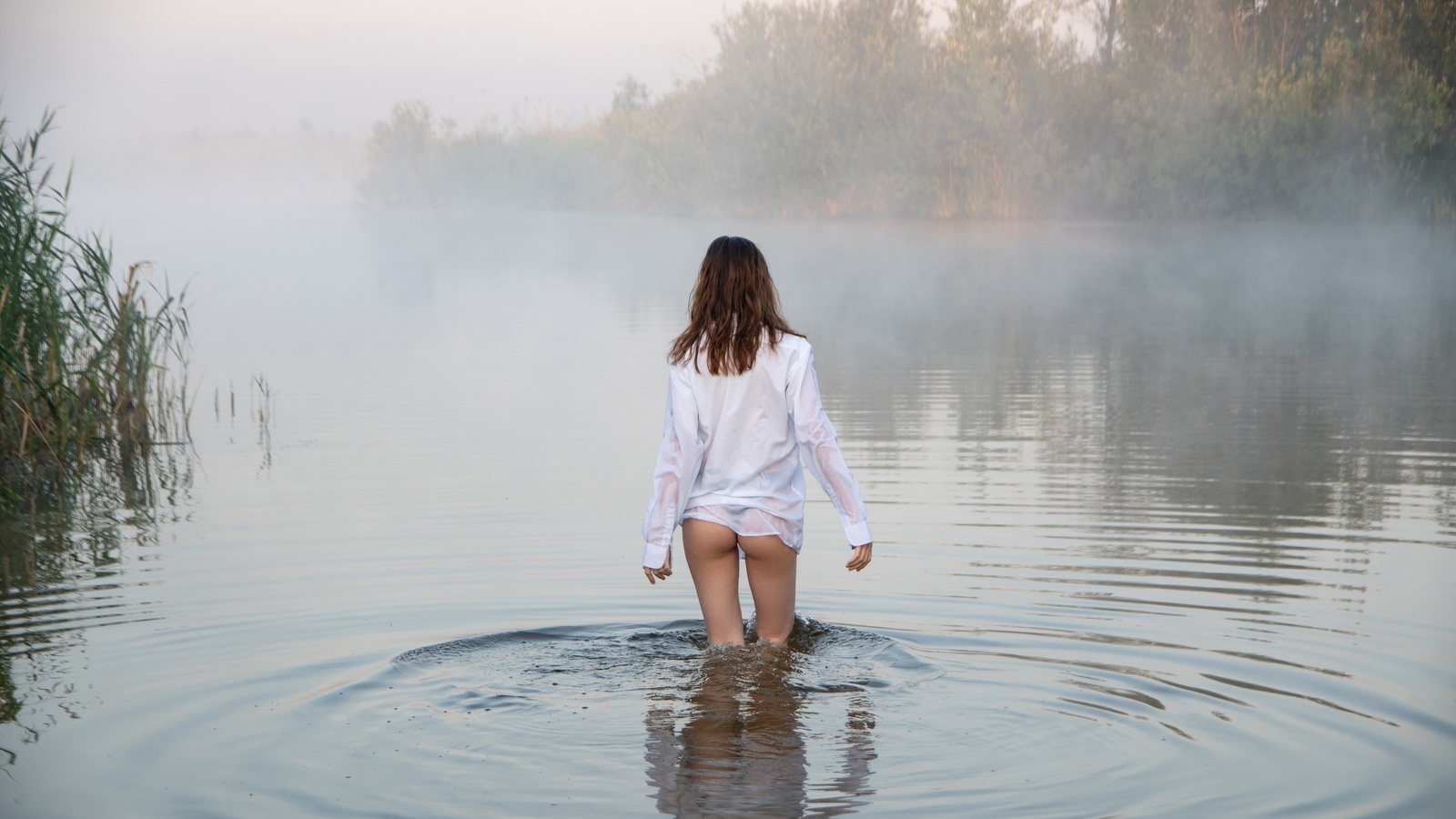 women, white shirt, river, ass, back, mist, black panties, wet body, wet clothing, skinny, women outdoors