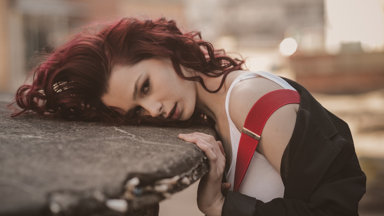 dmitry levykin, women, redhead, model, coats, t-shirt, suspenders, women outdoors