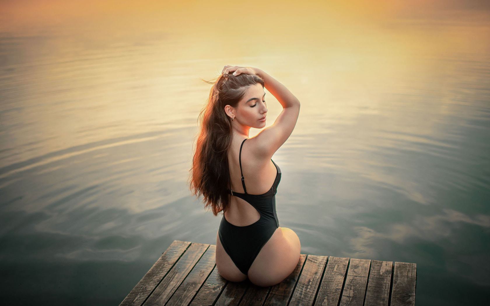 women, ass, closed eyes, one-piece swimsuit, women outdoors, back, water, pier, long hair