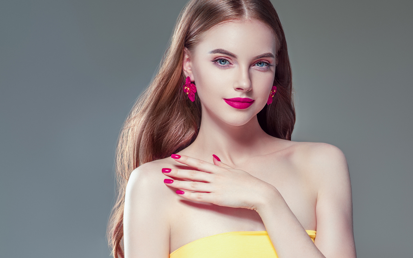 beautiful, manicure, pink, lips, brunette, woman, with, long, hair