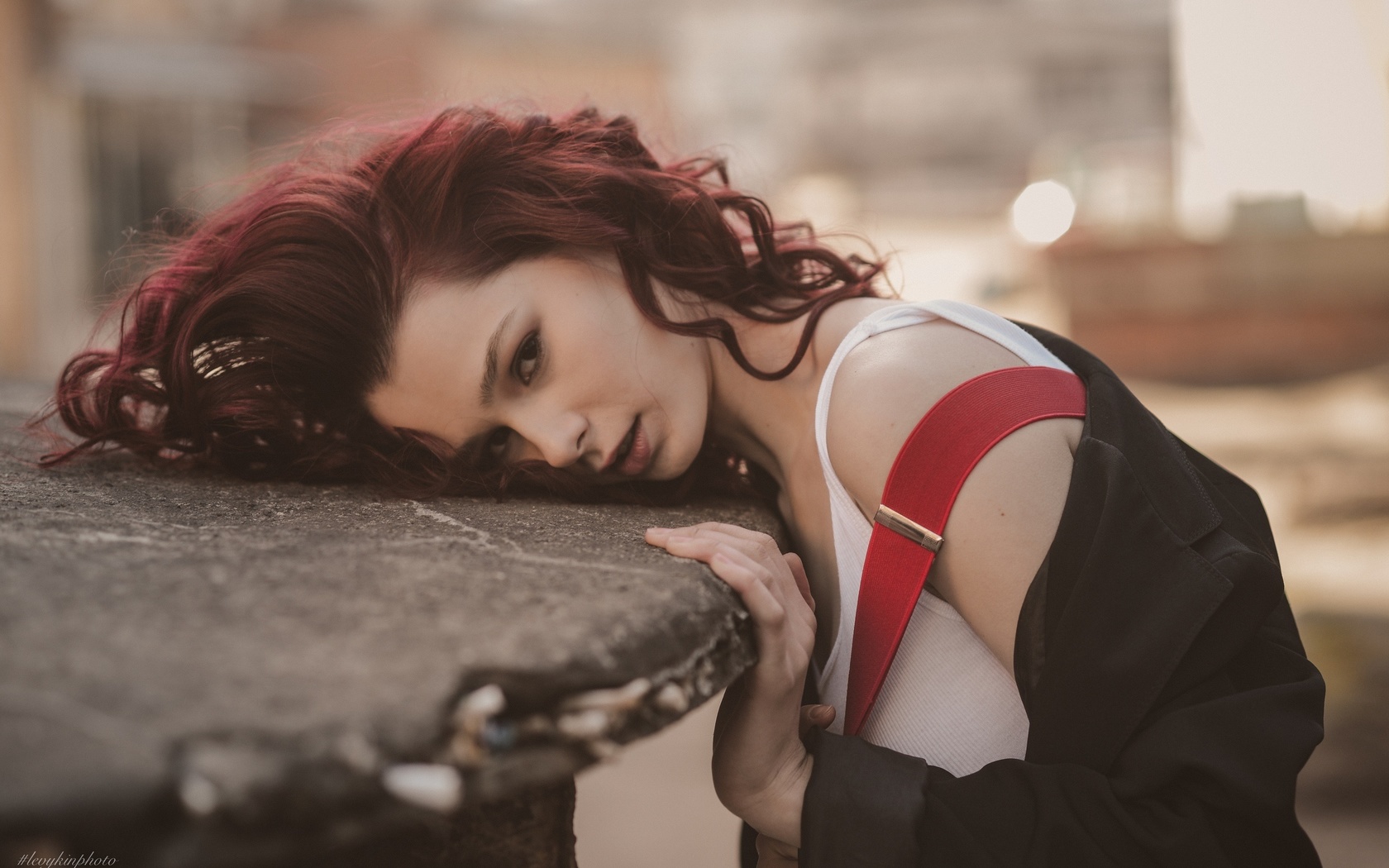 dmitry levykin, women, redhead, model, coats, t-shirt, suspenders, women outdoors