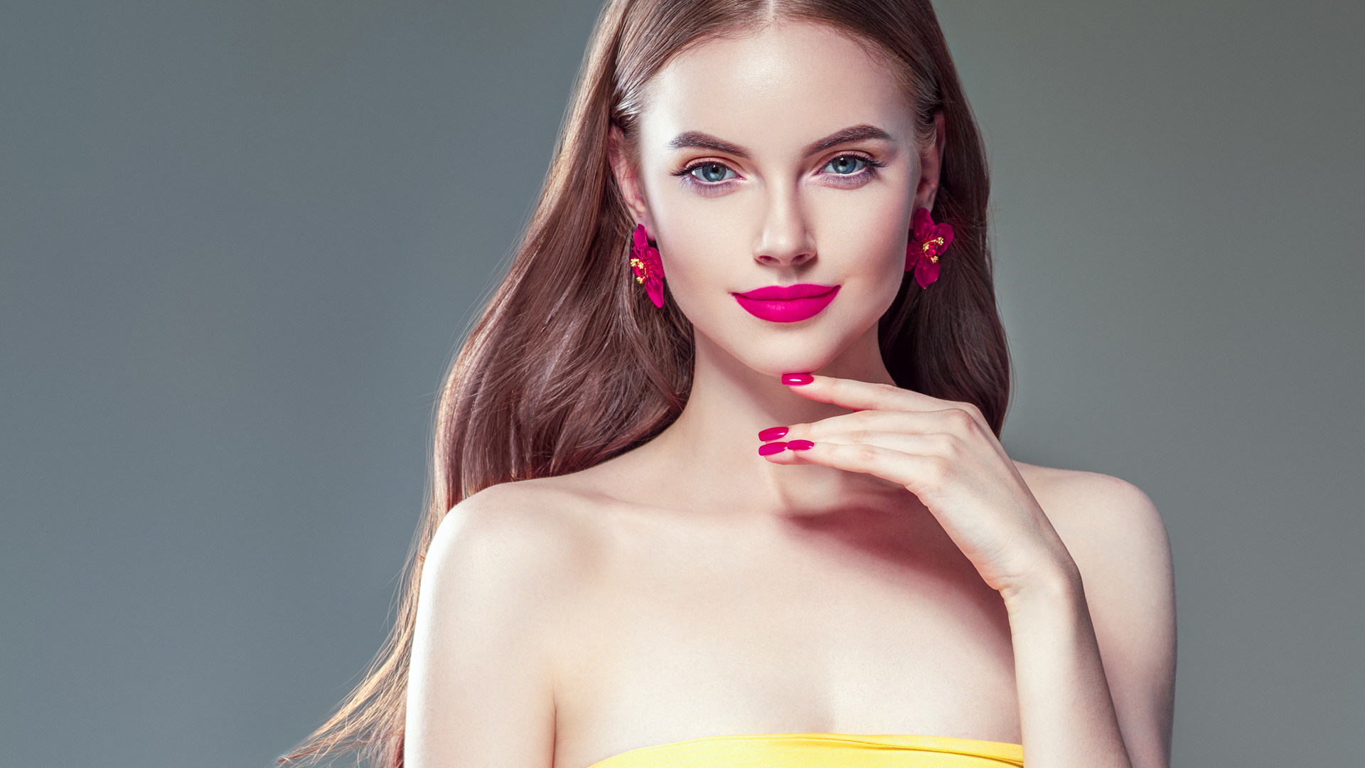 beautiful, manicure, pink, lips, brunette, woman, with, long, hair