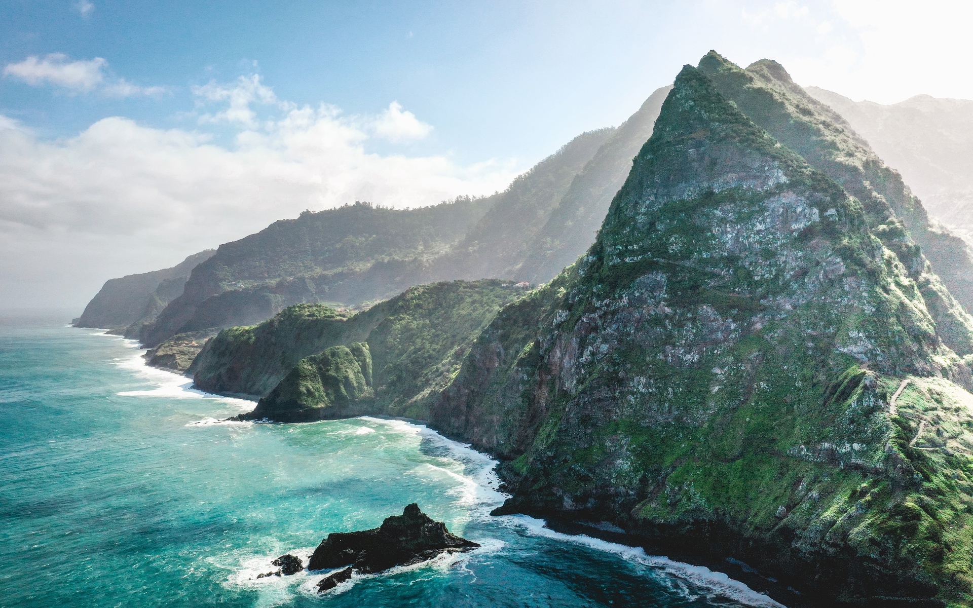 portugal, coast, edge, peak, waves, ocean, mountains