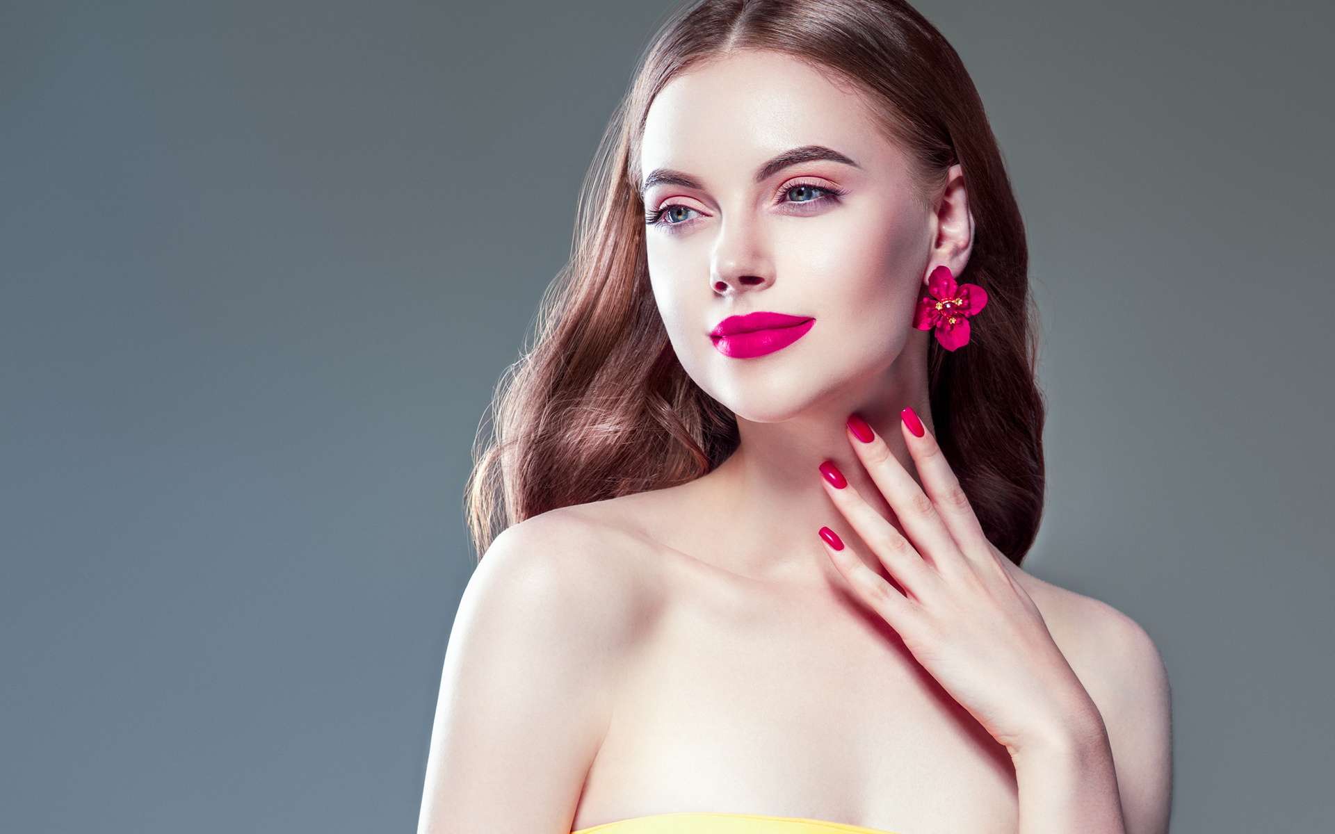 beautiful, manicure, pink, lips, brunette, woman, with, long, hair