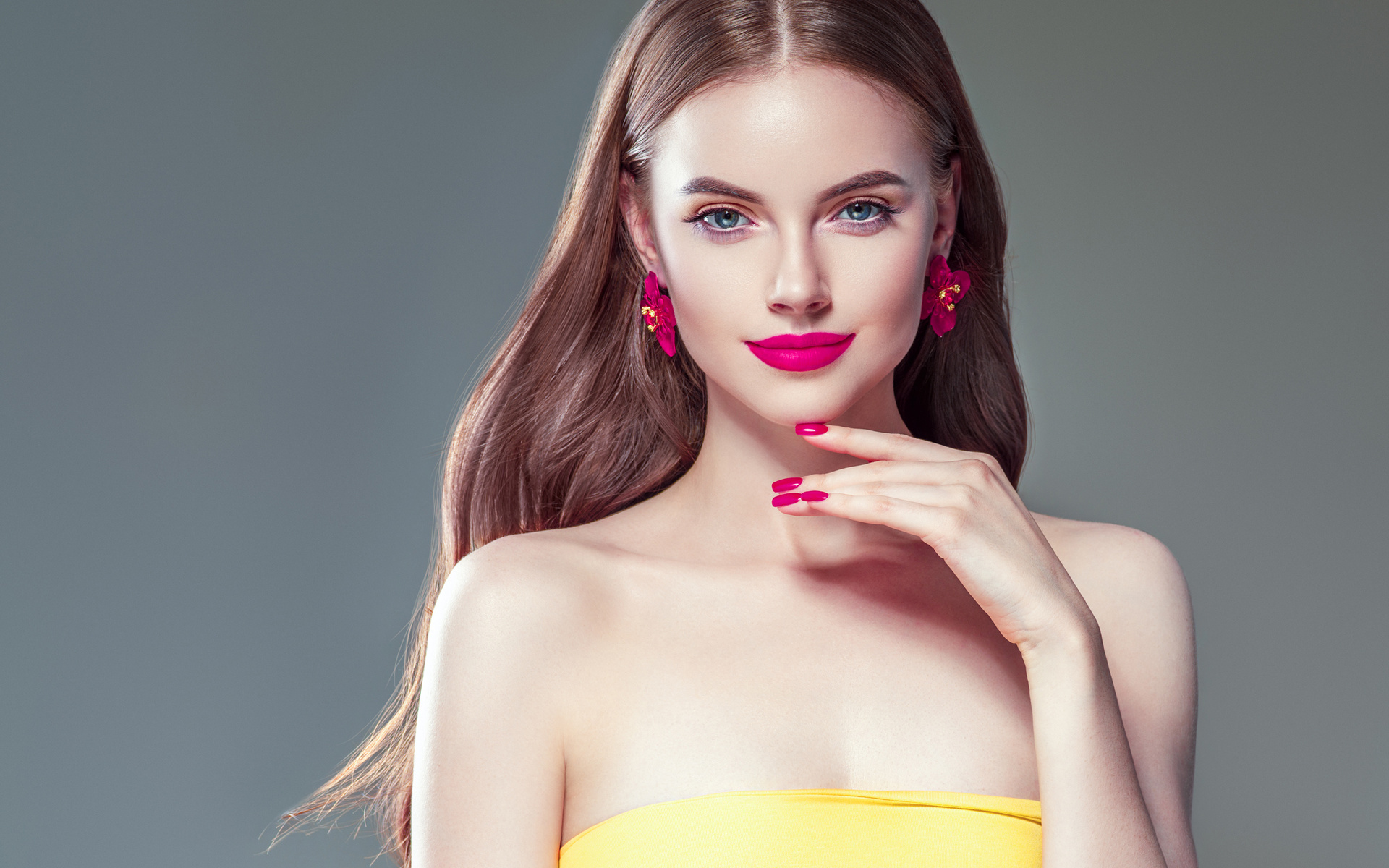 beautiful, manicure, pink, lips, brunette, woman, with, long, hair