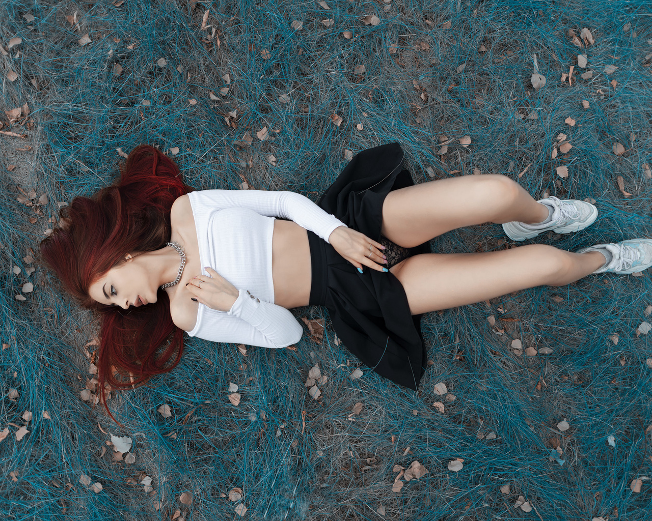 women, top view, redhead, sneakers, black skirts, lying on back, women outdoors, painted nails, socks