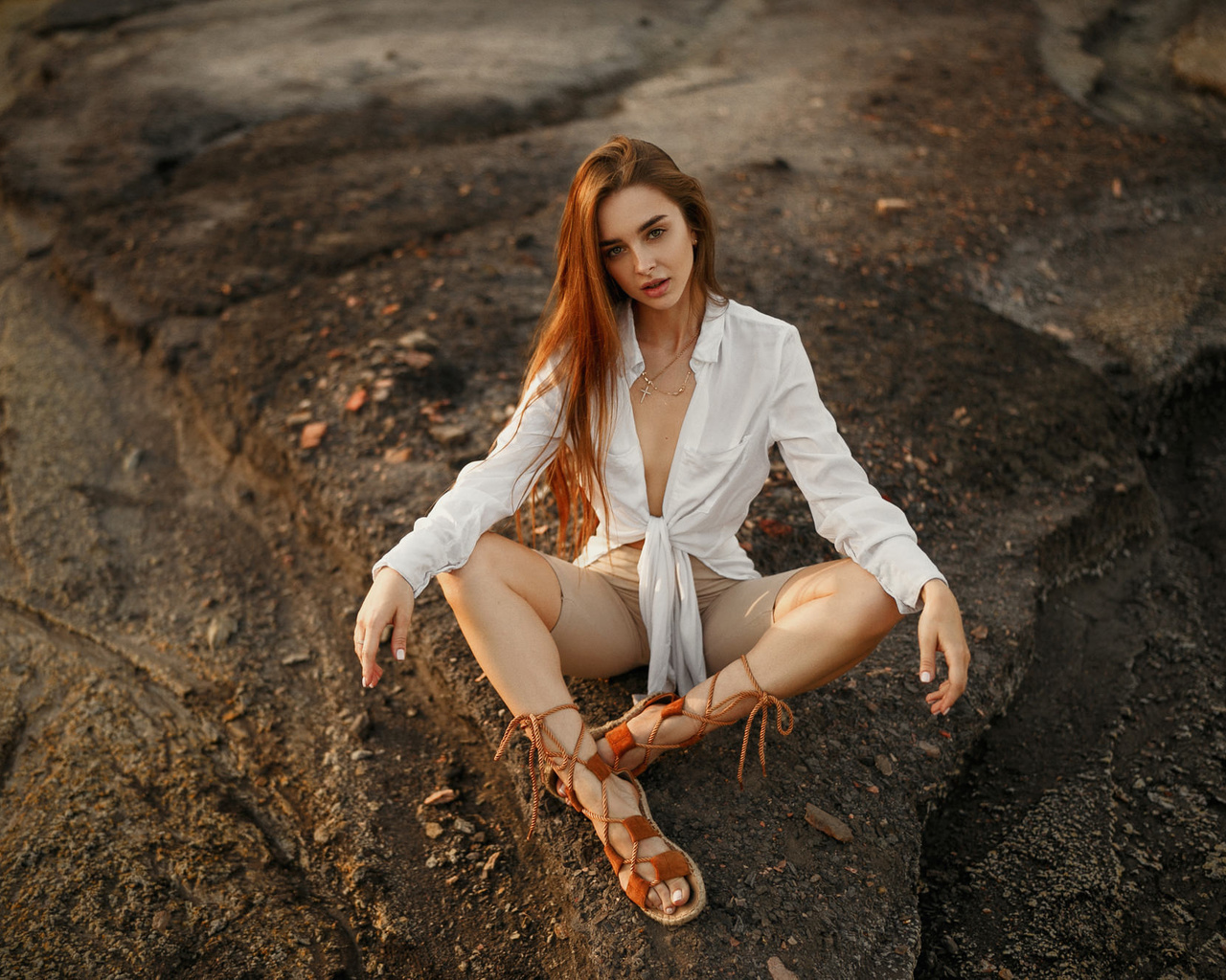 women, white shirt, skinny, women outdoors, sitting, sandals, redhead, crucifix necklace, long hair