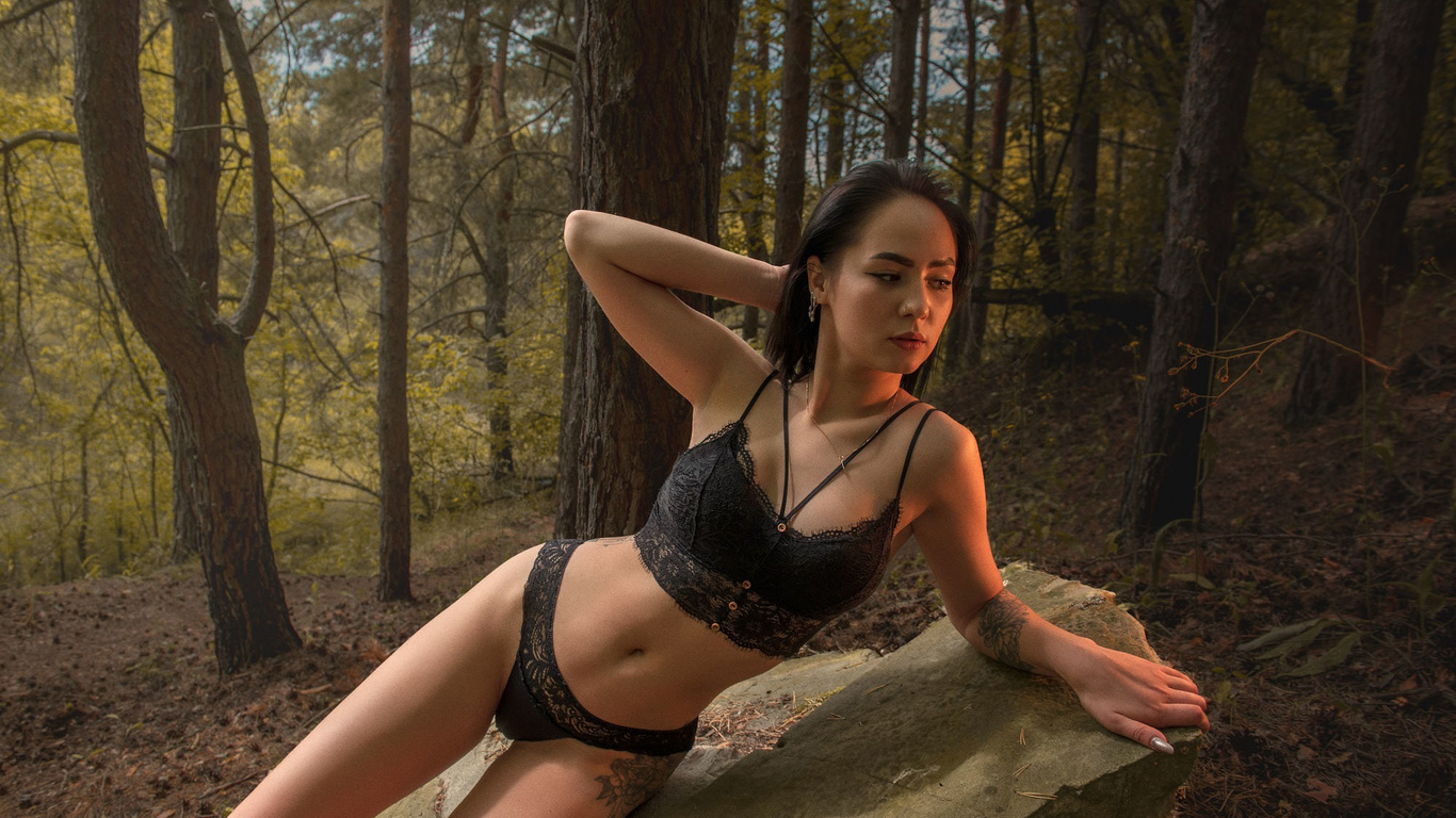 women, tattoo, trees, belly, black lingerie, armpits, eyeliner, forest, women outdoors, necklace, rocks