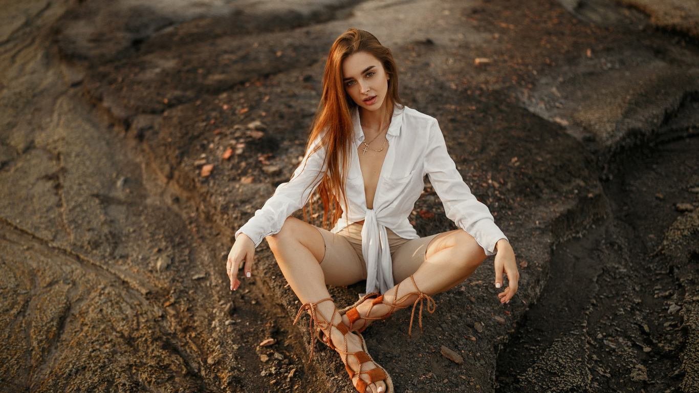 women, white shirt, skinny, women outdoors, sitting, sandals, redhead, crucifix necklace, long hair