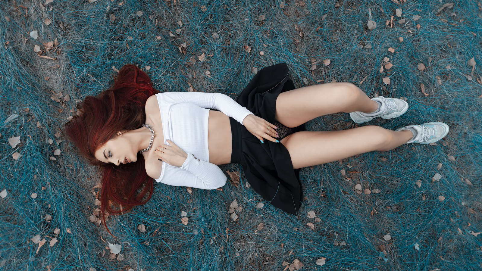 women, top view, redhead, sneakers, black skirts, lying on back, women outdoors, painted nails, socks