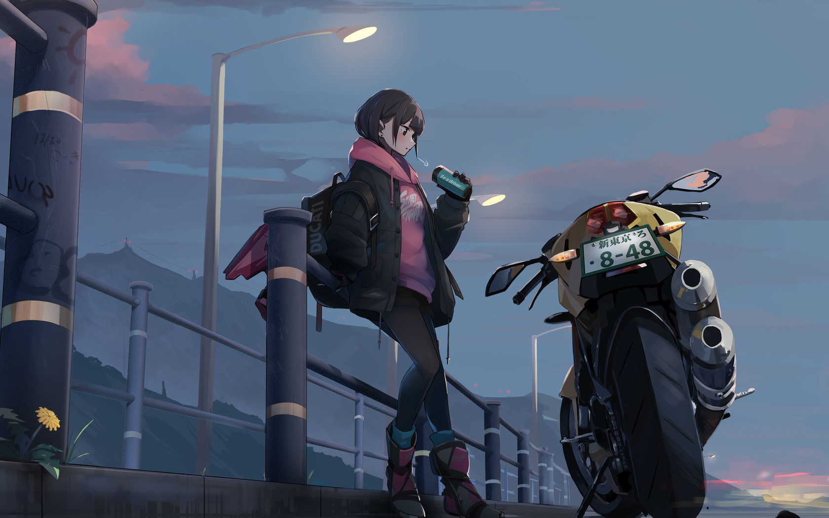 anime girl, motorcycle, ducati, sweatshirt, jacket, shorts, boots, street fighter, backpack, night, road, illustration, sky, clouds, gloves, digital art, street light