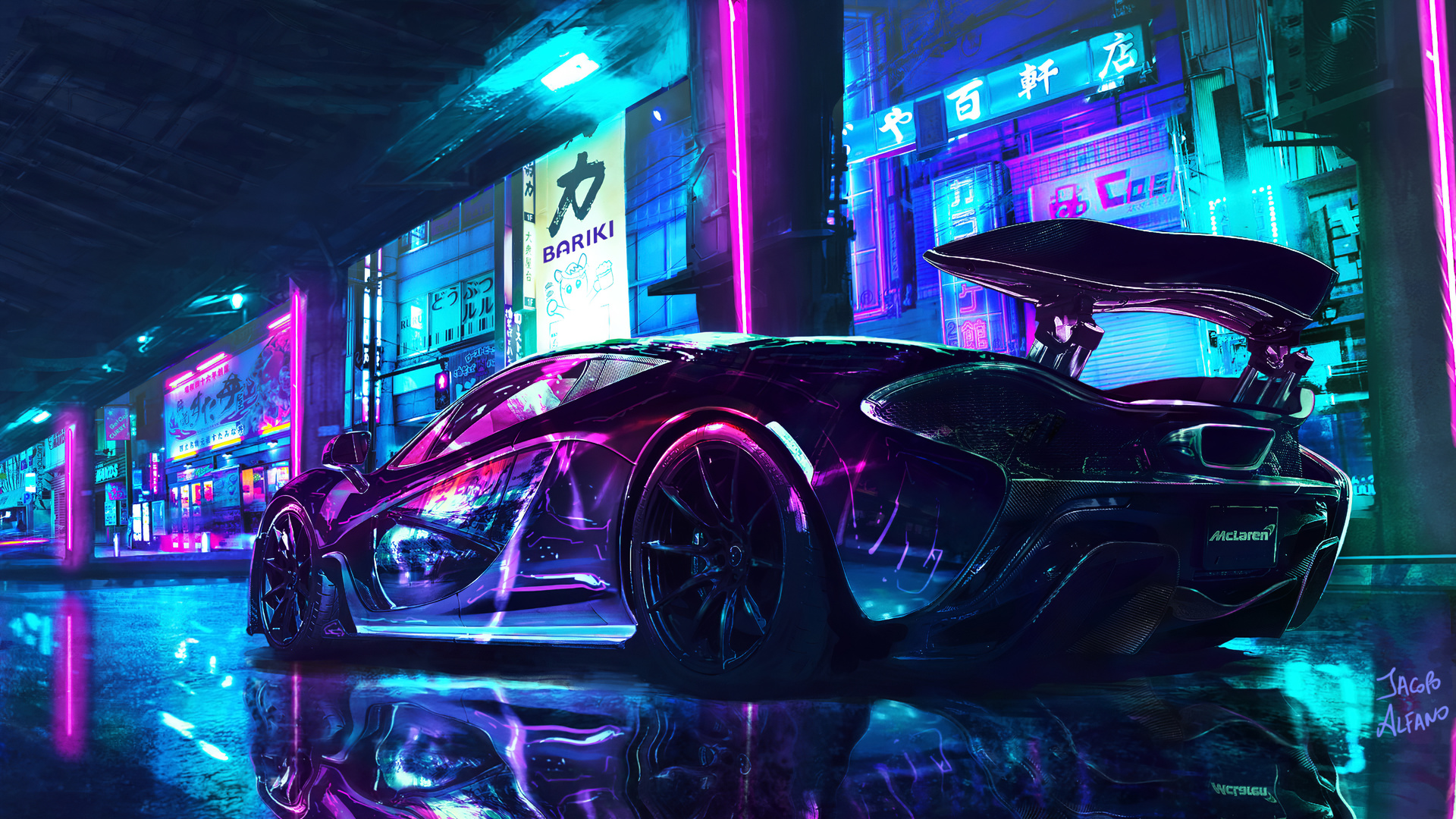 Картинки cyberpunk, maclaren, supercars, neon, art, город, машина - обои  1920x1080, картинка №470383