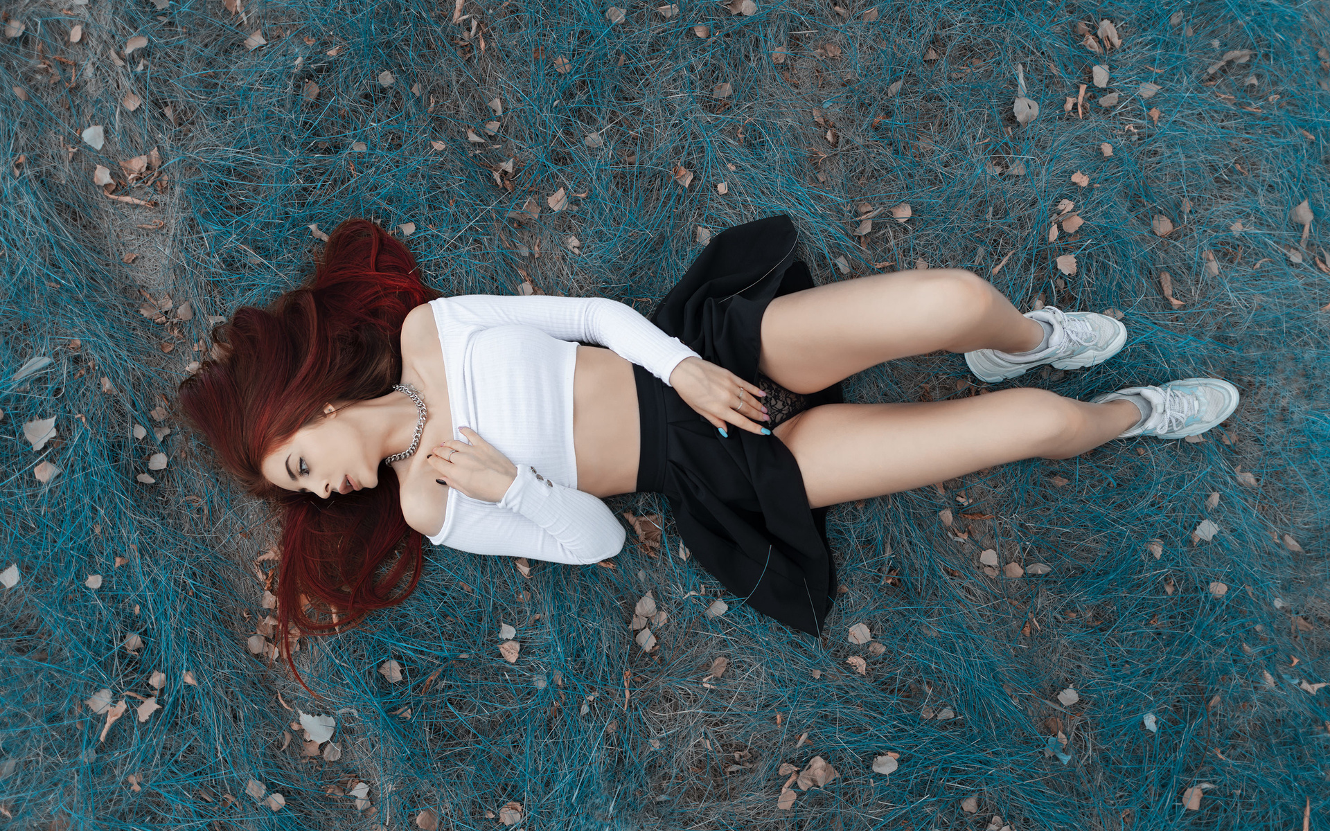 women, top view, redhead, sneakers, black skirts, lying on back, women outdoors, painted nails, socks