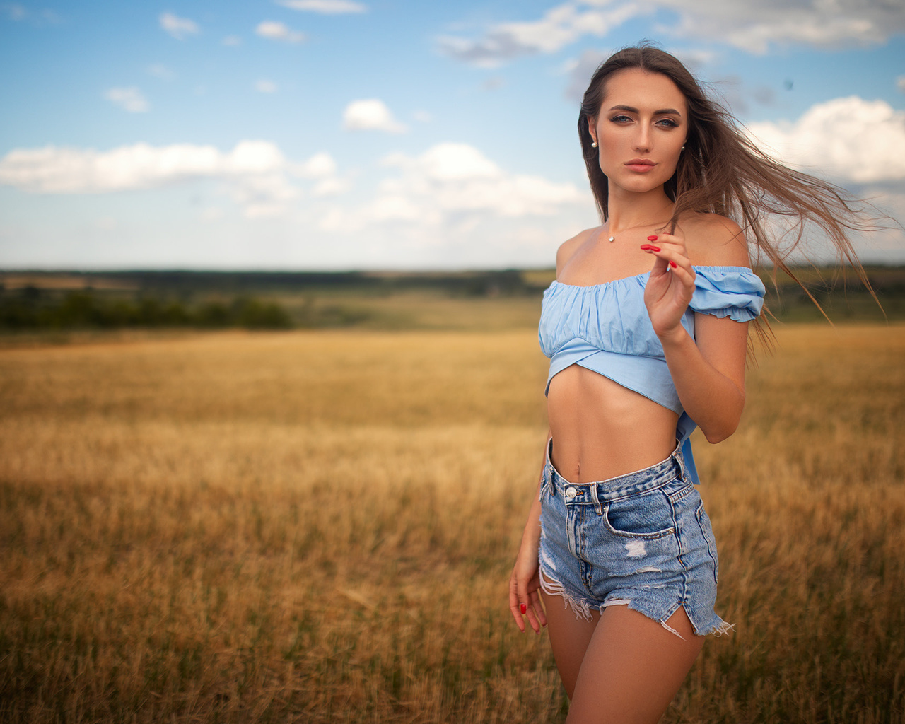 women, dmitry sn, belly, jean shorts, red nails, women outdoors, ribs, sky, clouds