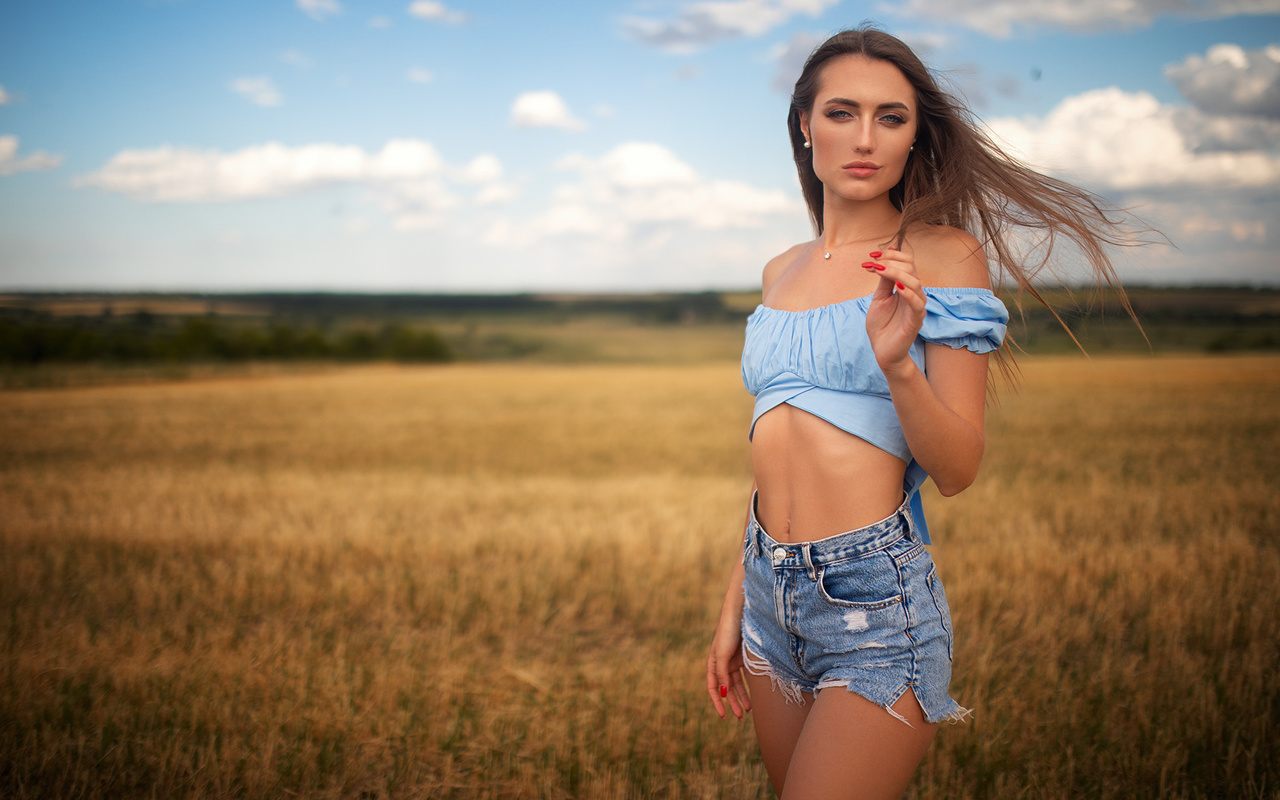 women, dmitry sn, belly, jean shorts, red nails, women outdoors, ribs, sky, clouds