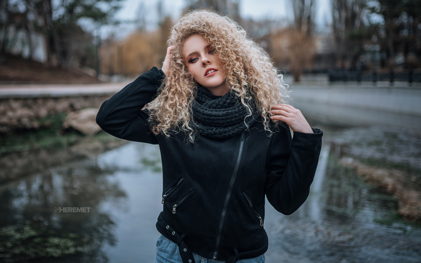 ivan sheremet, blonde, model, women, women outdoors, winter, curly hair, jacket, scarf, jeans, lake, trees, blue eyes