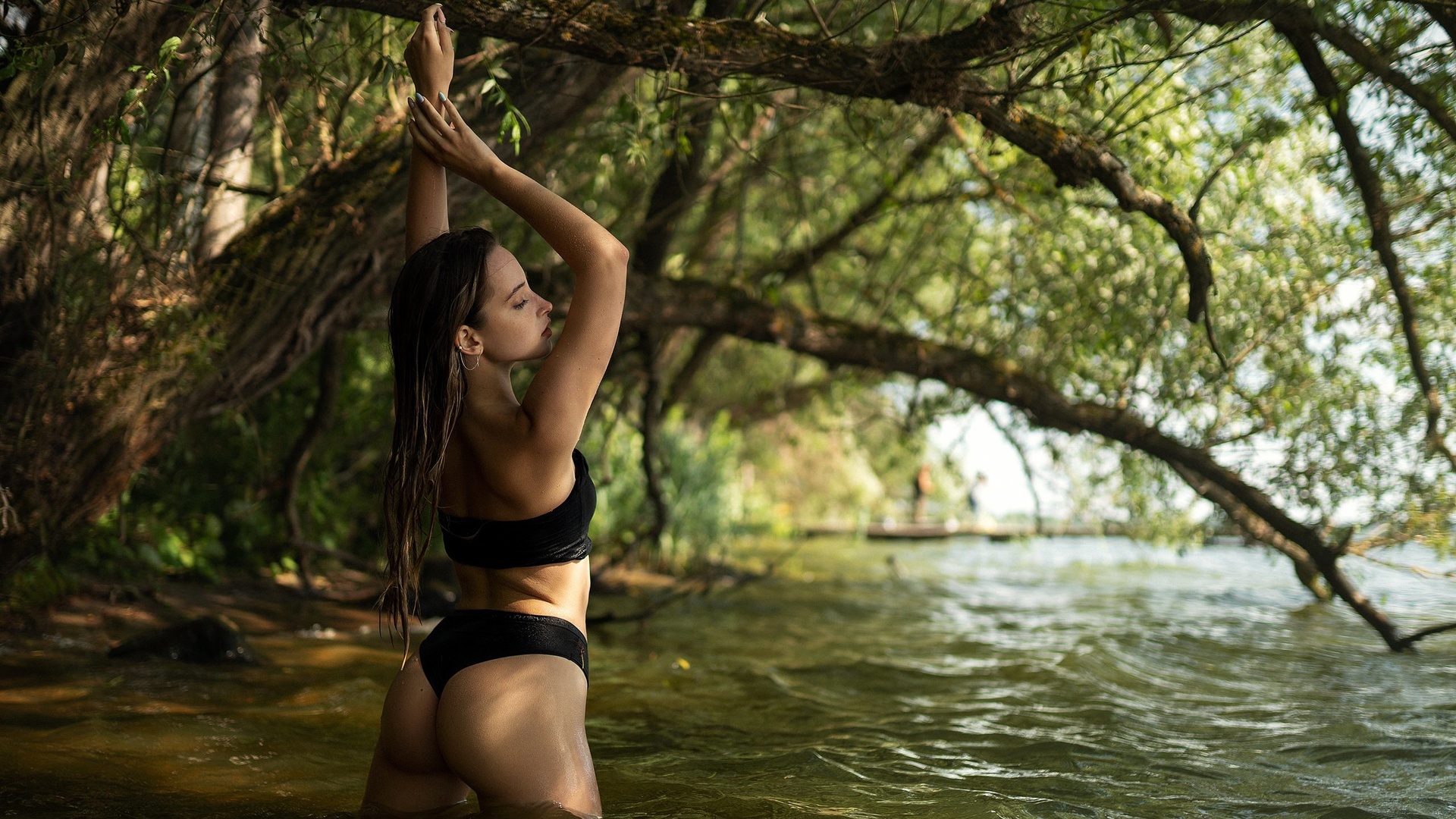 women, river, brunette, trees, women outdoors, wet body, black clothing, wet hair, ass, painted nails