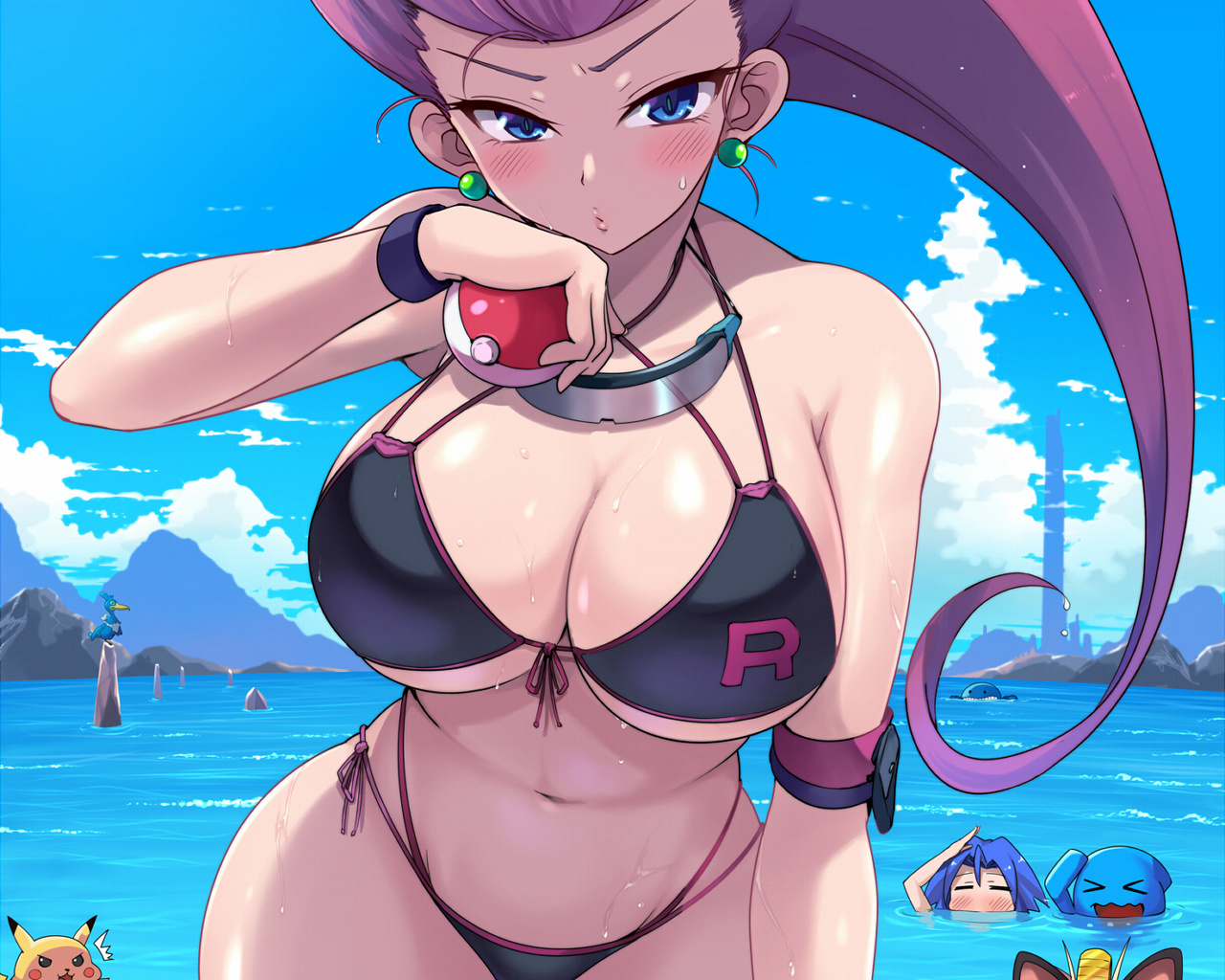 pokemon, jessie pokemon, james pokemon, pikachu, meowth, anime girls, bikini, beach, blue eyes, women, purple hair, fan art, sky, clouds, hips, curvy