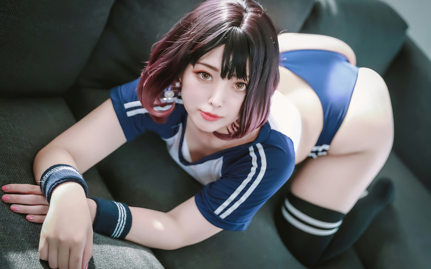 asian, model, cosplay, women, brunette, short pants, shorts, thigh high socks, t-shirt, women indoors, couch, ass, bent over, red lipstick, hips