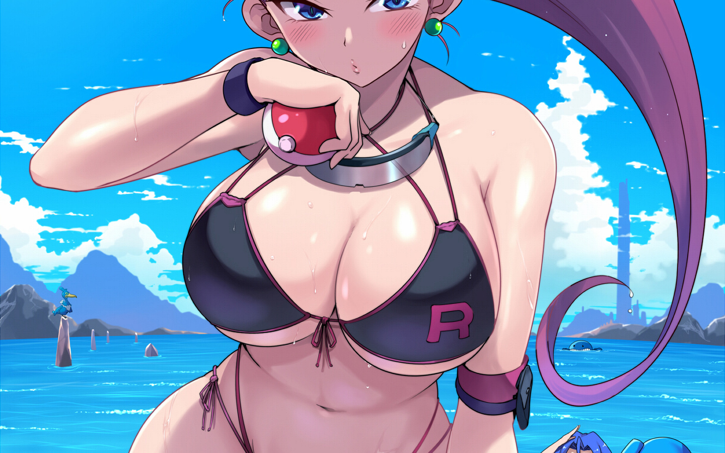 pokemon, jessie pokemon, james pokemon, pikachu, meowth, anime girls, bikini, beach, blue eyes, women, purple hair, fan art, sky, clouds, hips, curvy