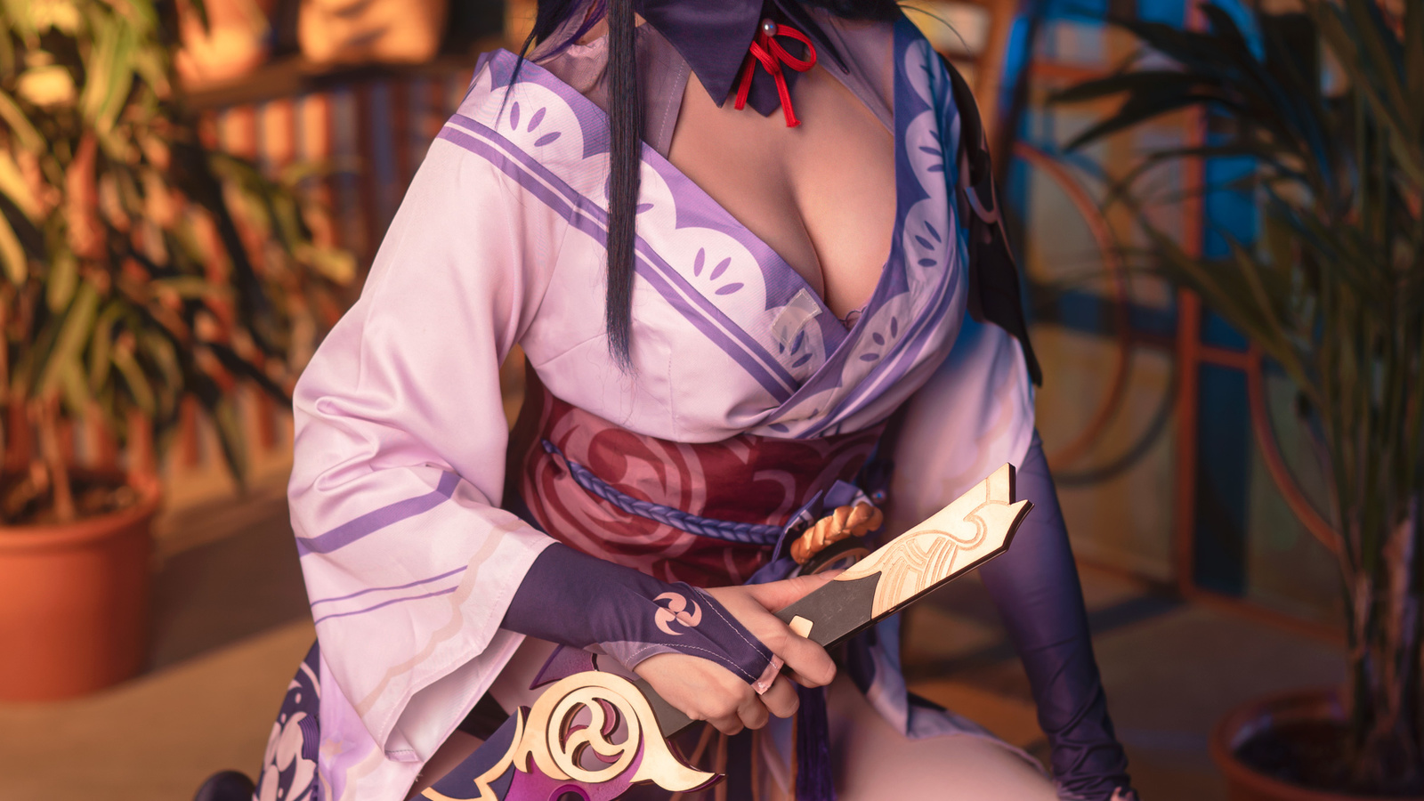 anastasia komori, shogun raiden, genshin impact, cosplay, video games, video game girls, women, model, brunette, kimono, sword, kneeling, purple lingerie, lingerie, panties, bra, purple bra, neckline, women indoors