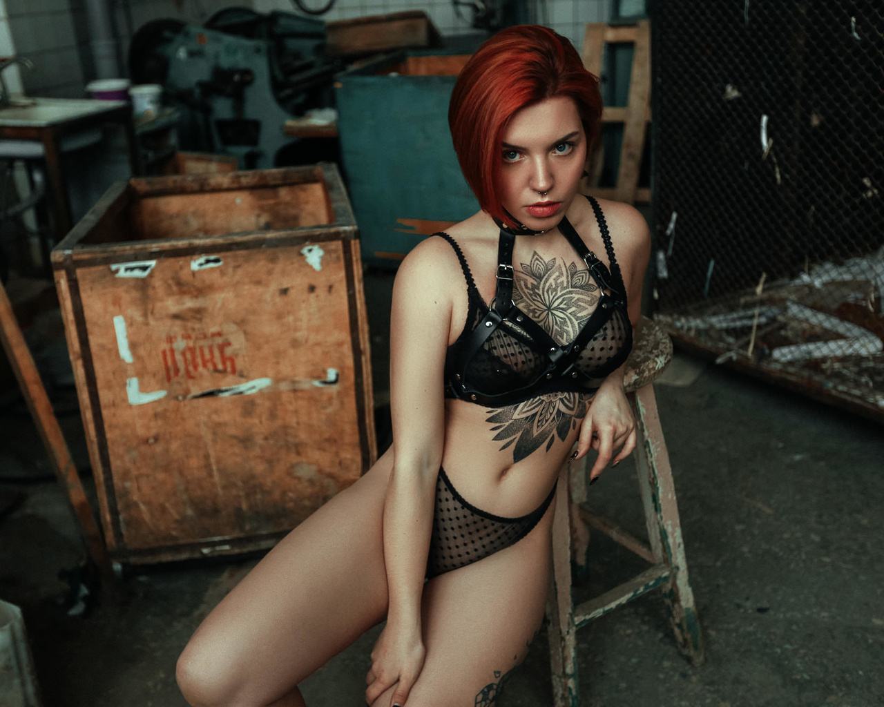 women, redhead, ilya dushutin, black lingerie, tattoo, polka dots, belly, women indoors, see-through lingerie, painted nails