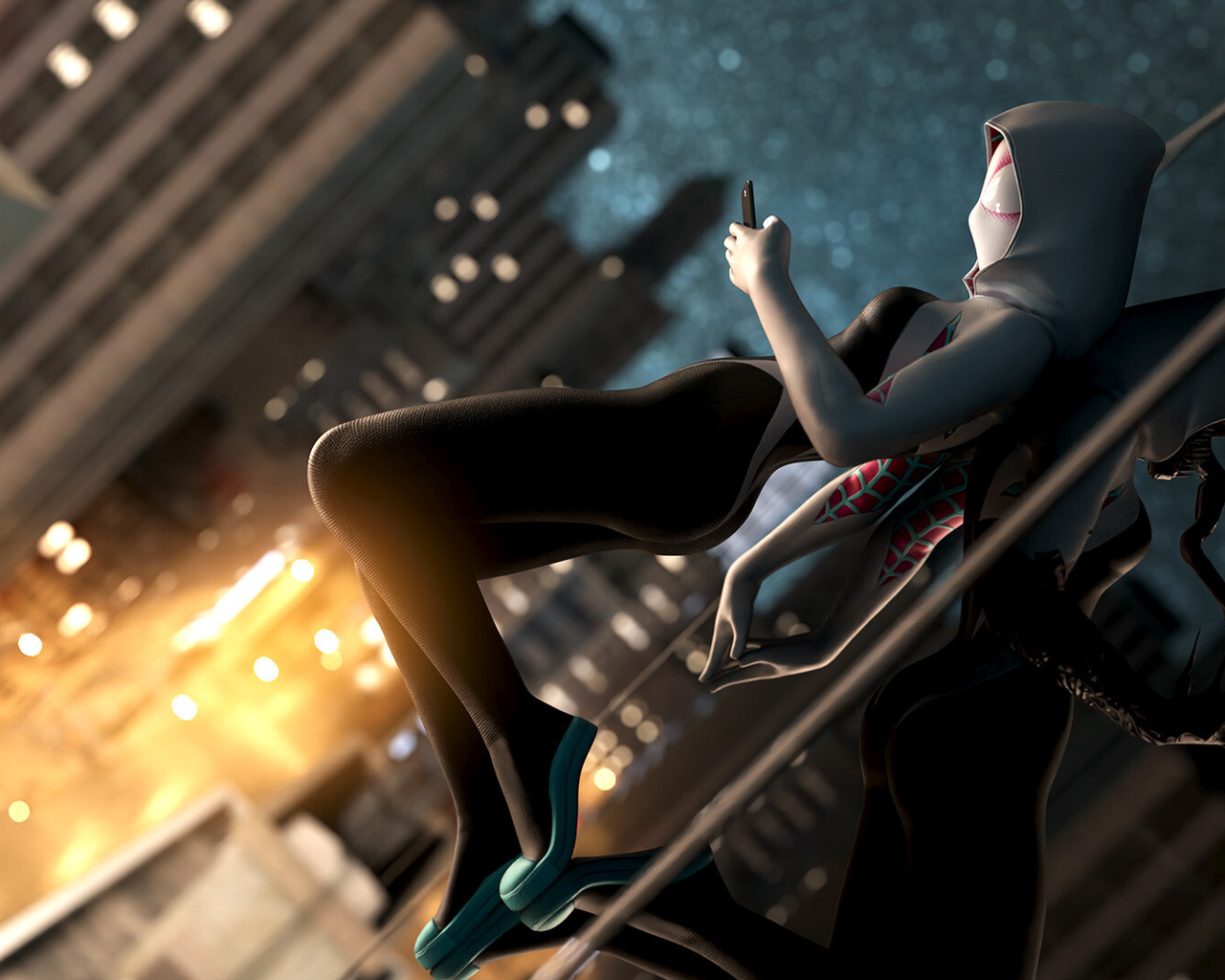 ithius eiros, spider gwen, digital 3d, city, night, comic art, gwen stacy, marvel comics, ghost spider, spider-girl, women, digital art, venom