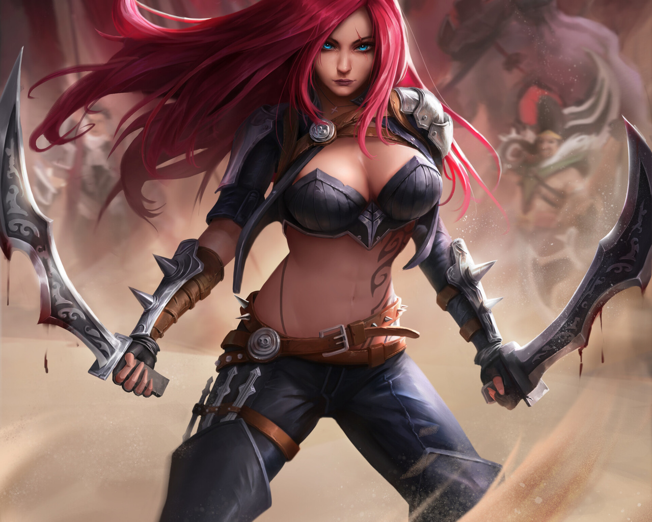 katarina, league of legends, women, redhead, video game girls, video games, sword, tattoo, armor, blue eyes, belly, belly button, weapon, scar