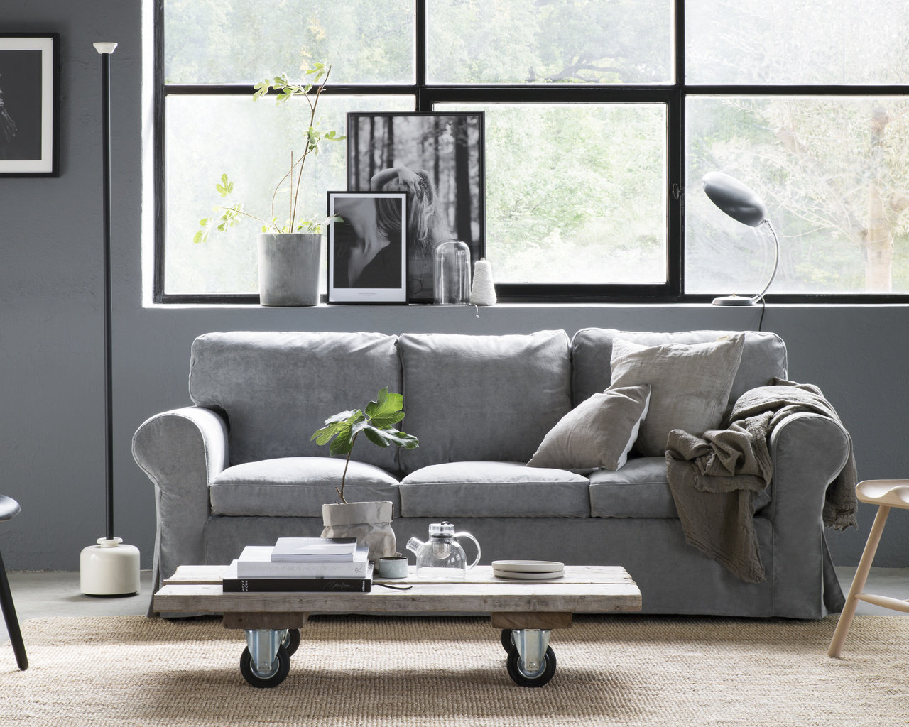 living room interior in scandinavian style, ikea,     , sofa, ektorp