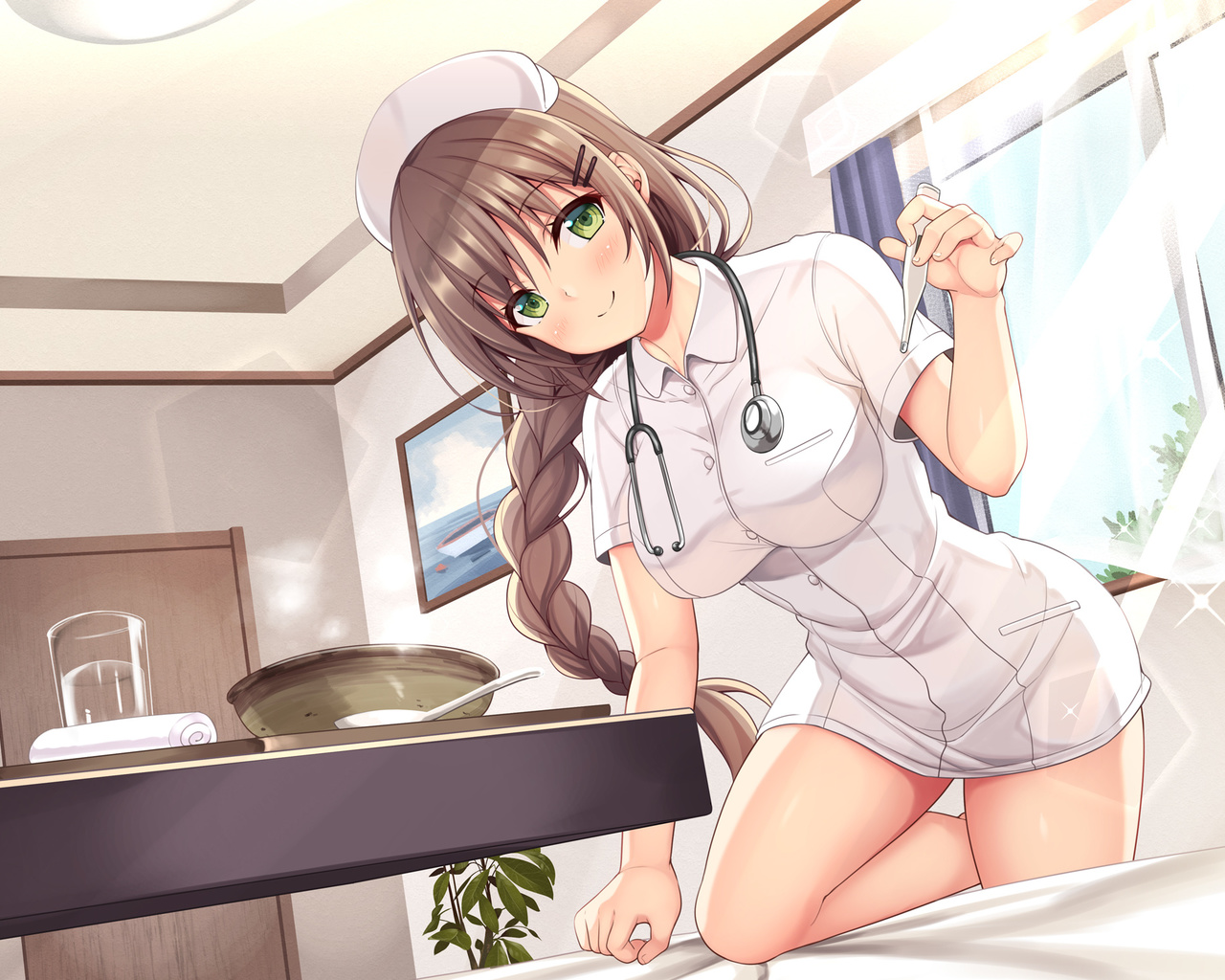 utsurogi akira, women, brunette, nurse outfit, anime girls, nurses, stethoscope, bed, window, green eyes, table, digital art, braids, door