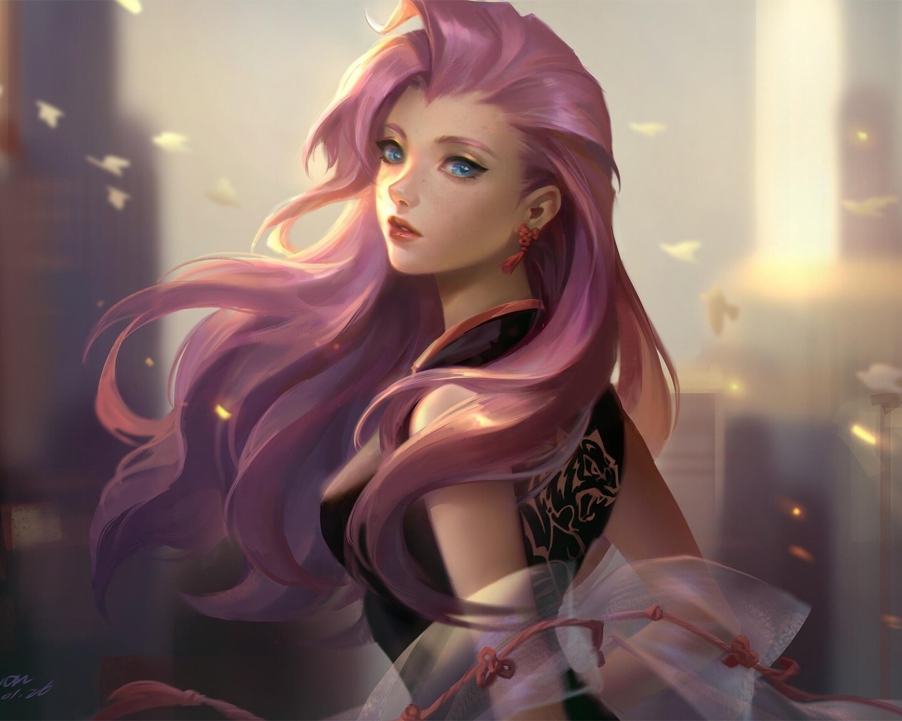 siukwan chueng, seraphine (league of legends), league of legends, kda seraphine, women, purple hair, city, blue eyes, fan art, kimono, dress, fictional character, kda, video games, video game girls, digital art