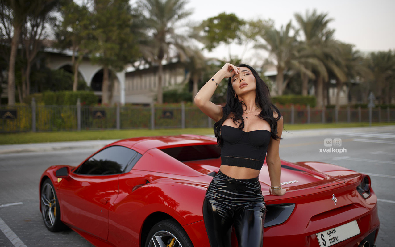 women, black latex, closed eyes, black clothing, car, necklace, ferrari, palm trees, brunette