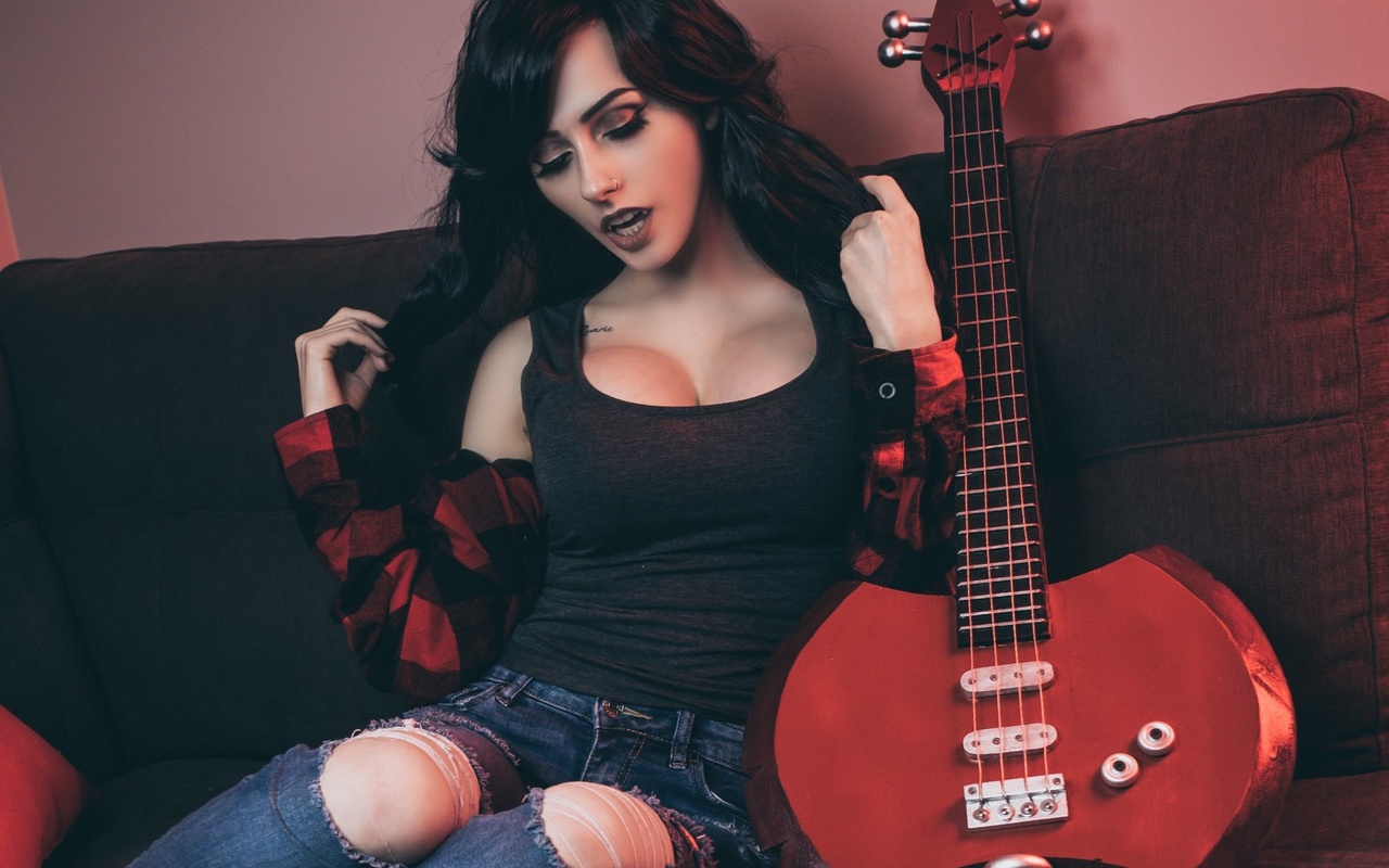 taylor bloxam, women, model, brunette, cosplay, women indoors, indoors, couch, electric guitar, jeans, t-shirt, plaid shirt, torn jeans, tattoo, neckline, makeup, vampire, vampires