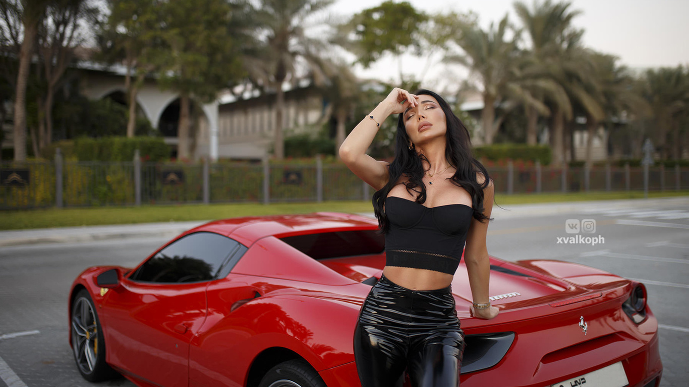 women, black latex, closed eyes, black clothing, car, necklace, ferrari, palm trees, brunette