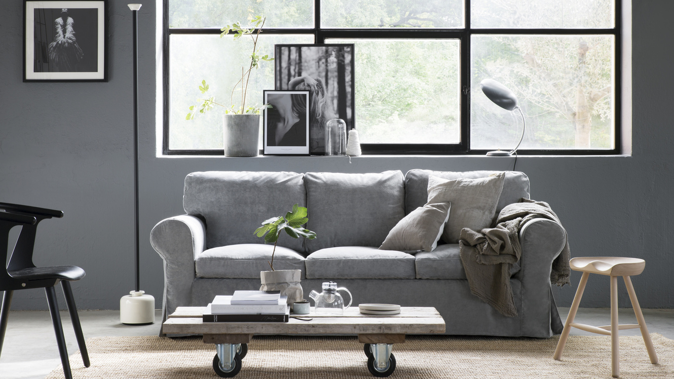 living room interior in scandinavian style, ikea,     , sofa, ektorp