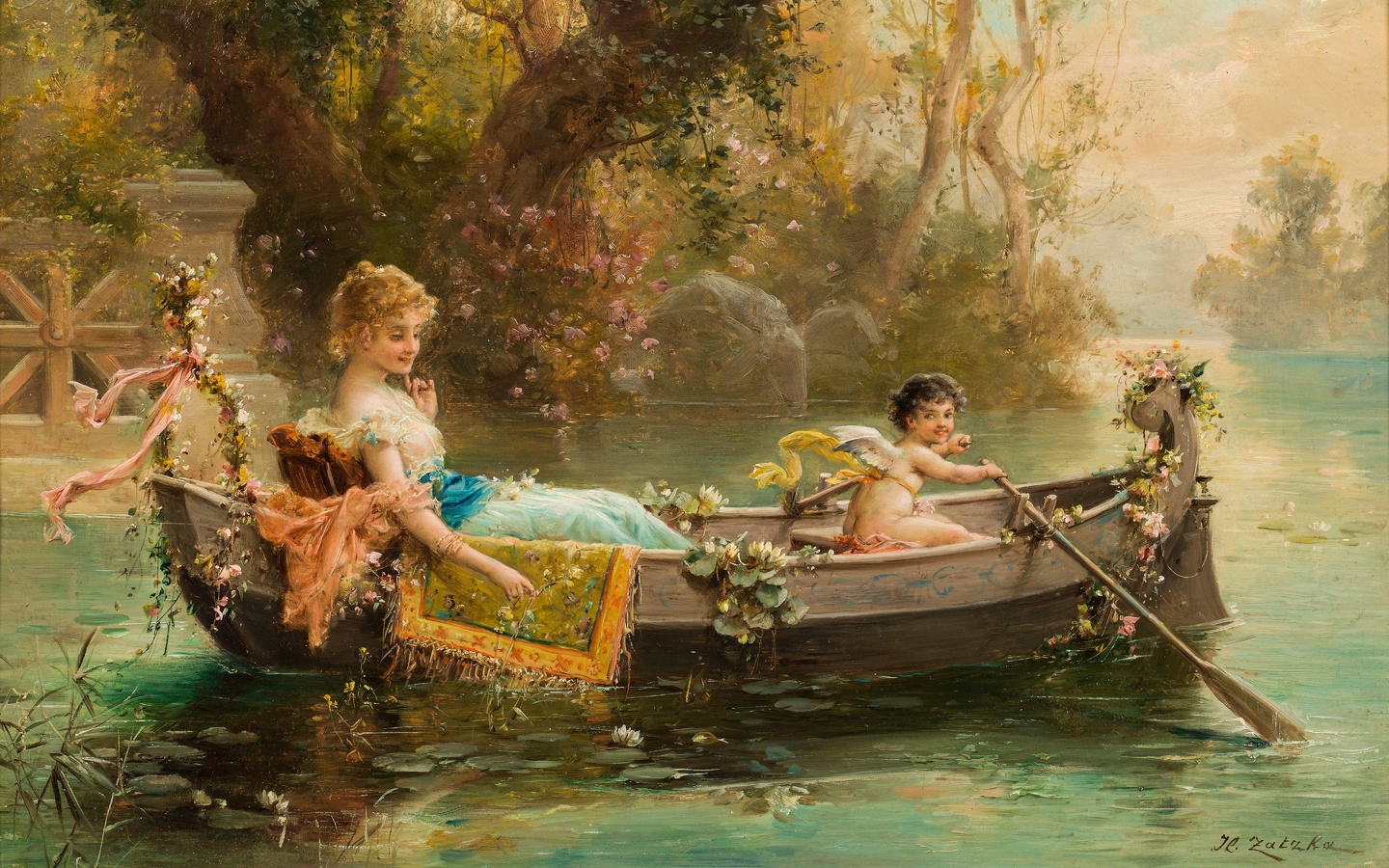 hans zatzka, austrian painter,  ,  , lady and a cherub in a boat,     