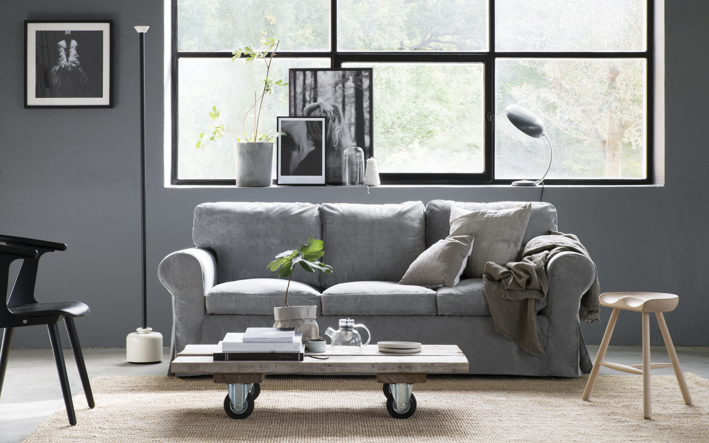 living room interior in scandinavian style, ikea,     , sofa, ektorp