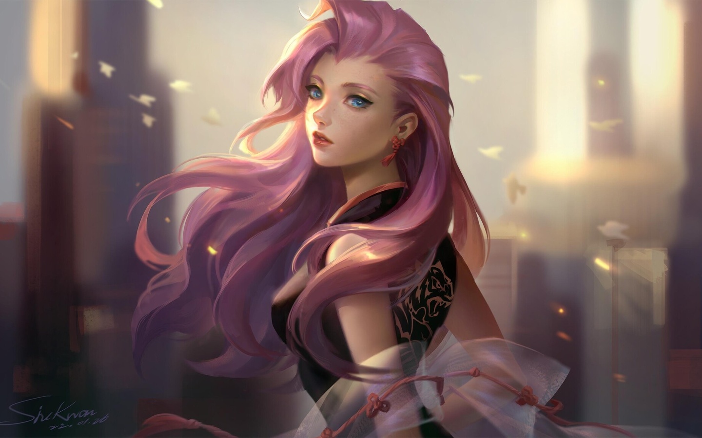 siukwan chueng, seraphine (league of legends), league of legends, kda seraphine, women, purple hair, city, blue eyes, fan art, kimono, dress, fictional character, kda, video games, video game girls, digital art