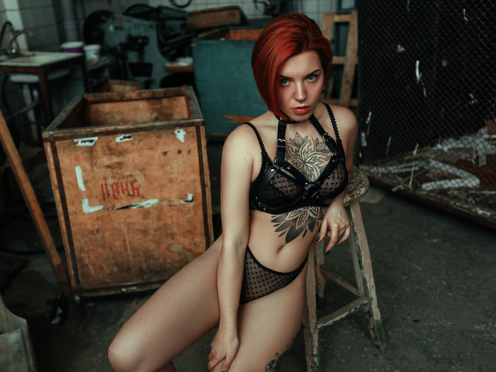 women, redhead, ilya dushutin, black lingerie, tattoo, polka dots, belly, women indoors, see-through lingerie, painted nails