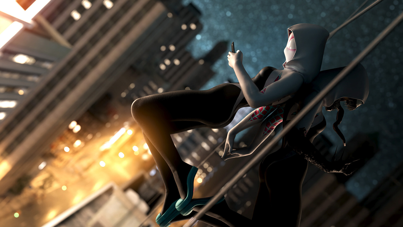 ithius eiros, spider gwen, digital 3d, city, night, comic art, gwen stacy, marvel comics, ghost spider, spider-girl, women, digital art, venom