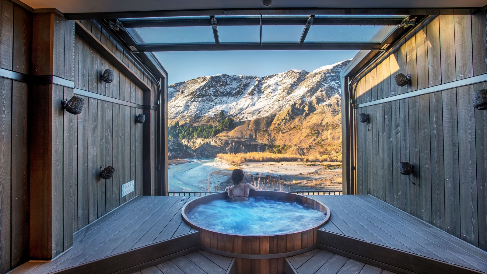 , new zealand,  , queenstown, relaxing hot pool,  , views of the shotover river