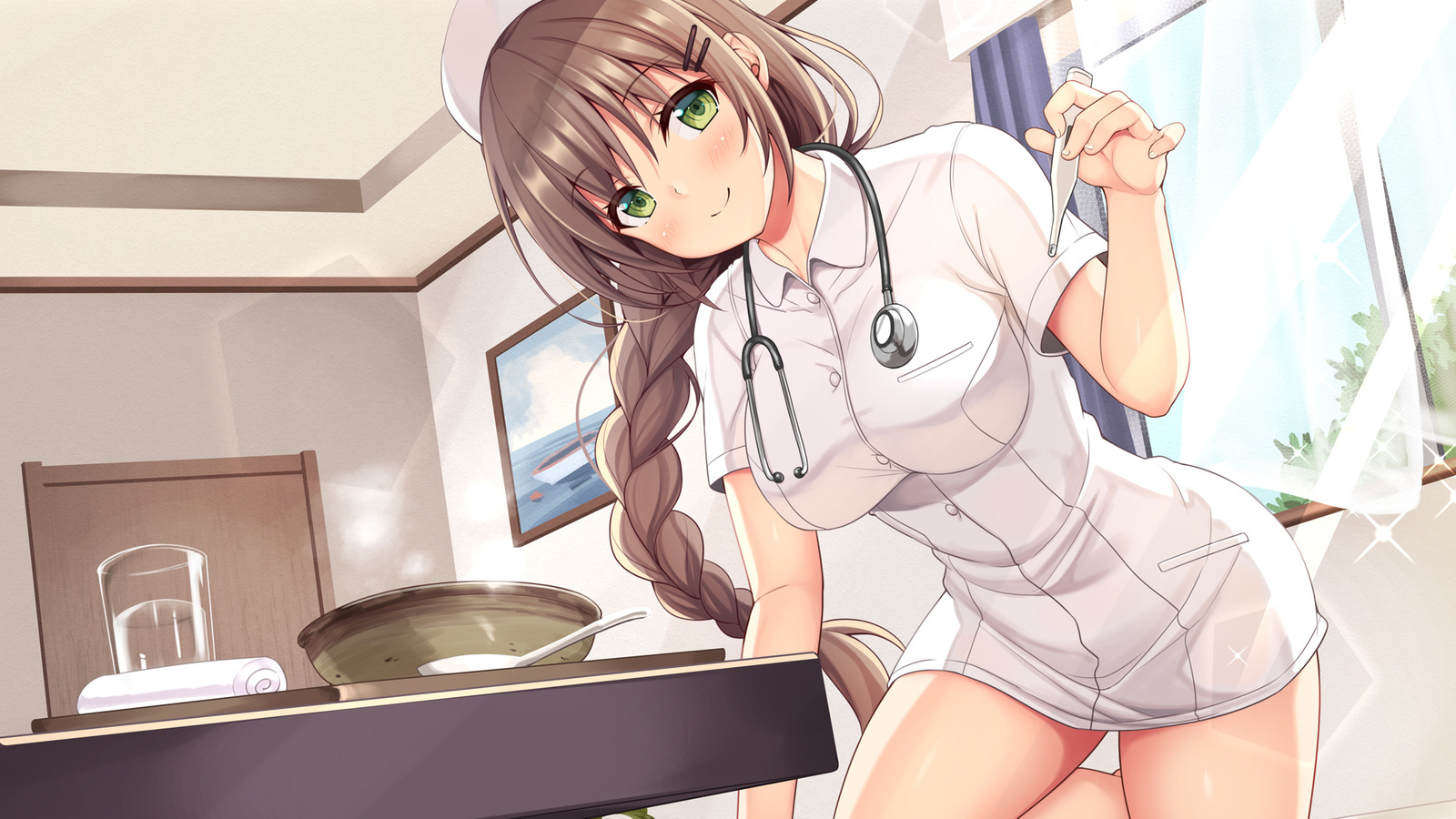 utsurogi akira, women, brunette, nurse outfit, anime girls, nurses, stethoscope, bed, window, green eyes, table, digital art, braids, door