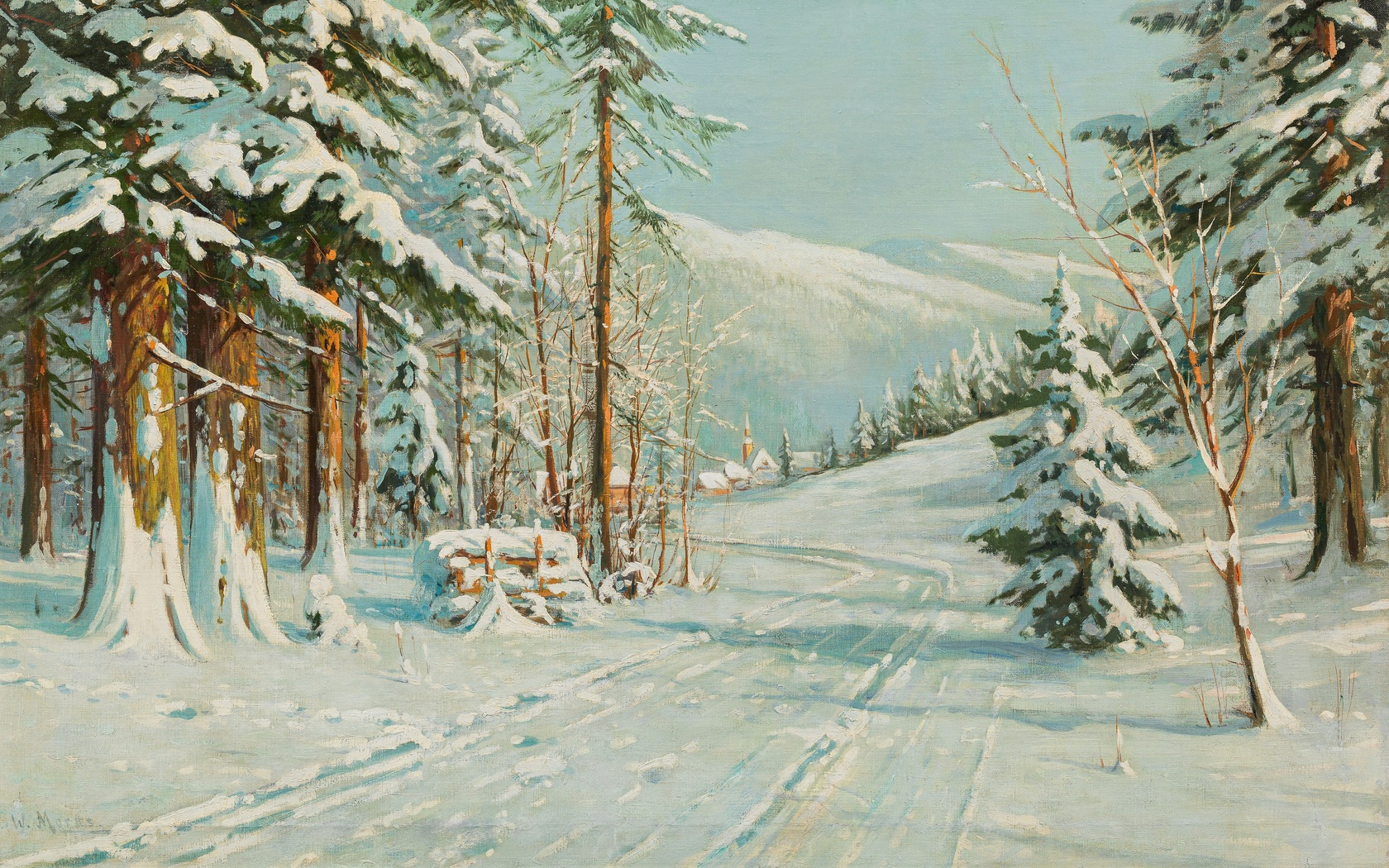 bruno moras,  , german painter,  , winter landscape