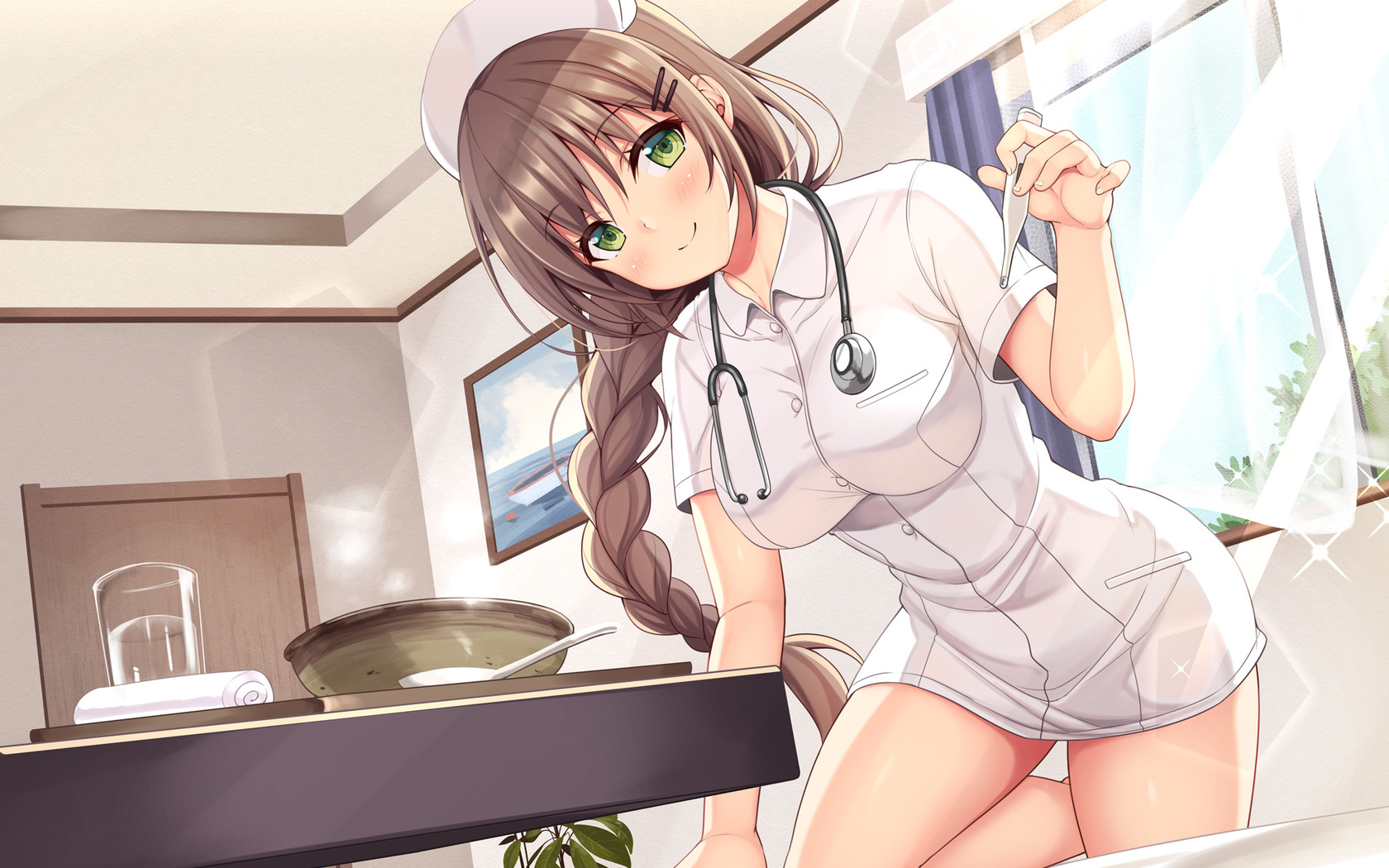 utsurogi akira, women, brunette, nurse outfit, anime girls, nurses, stethoscope, bed, window, green eyes, table, digital art, braids, door