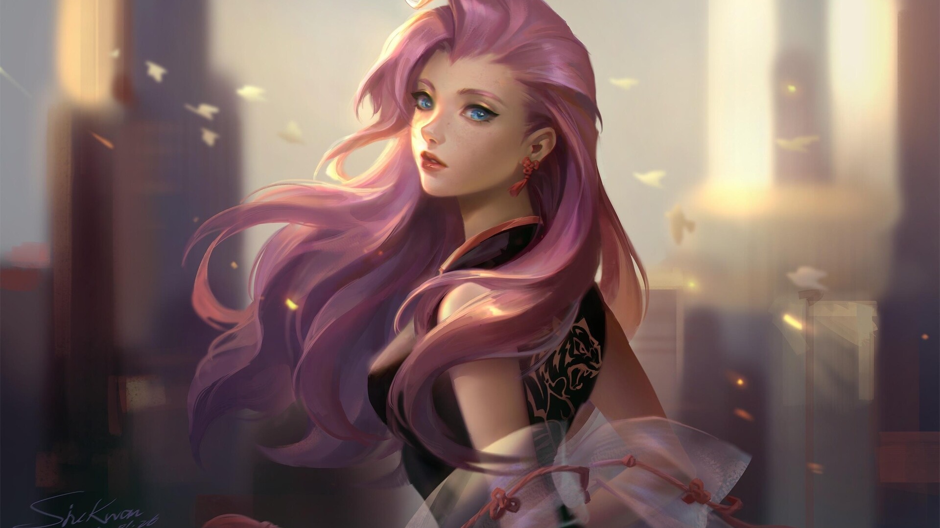 siukwan chueng, seraphine (league of legends), league of legends, kda seraphine, women, purple hair, city, blue eyes, fan art, kimono, dress, fictional character, kda, video games, video game girls, digital art