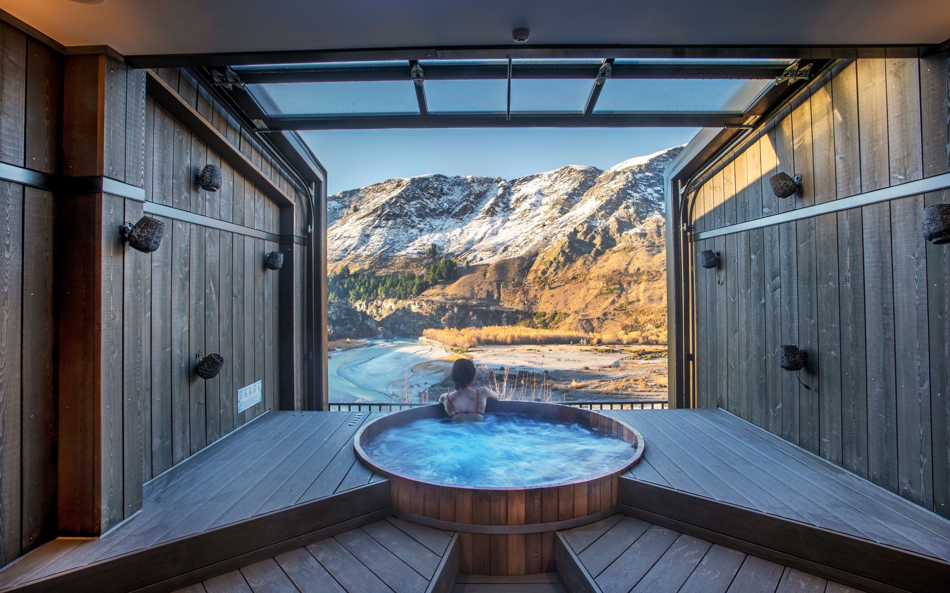 , new zealand,  , queenstown, relaxing hot pool,  , views of the shotover river