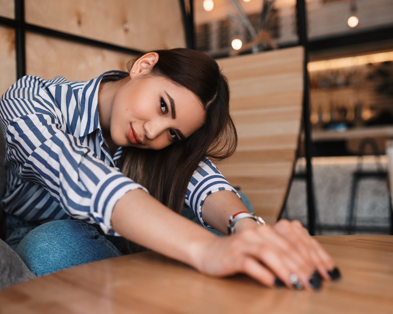 women, model, brunette, women indoors, asian, jeans, striped shirt, couch, table, watch