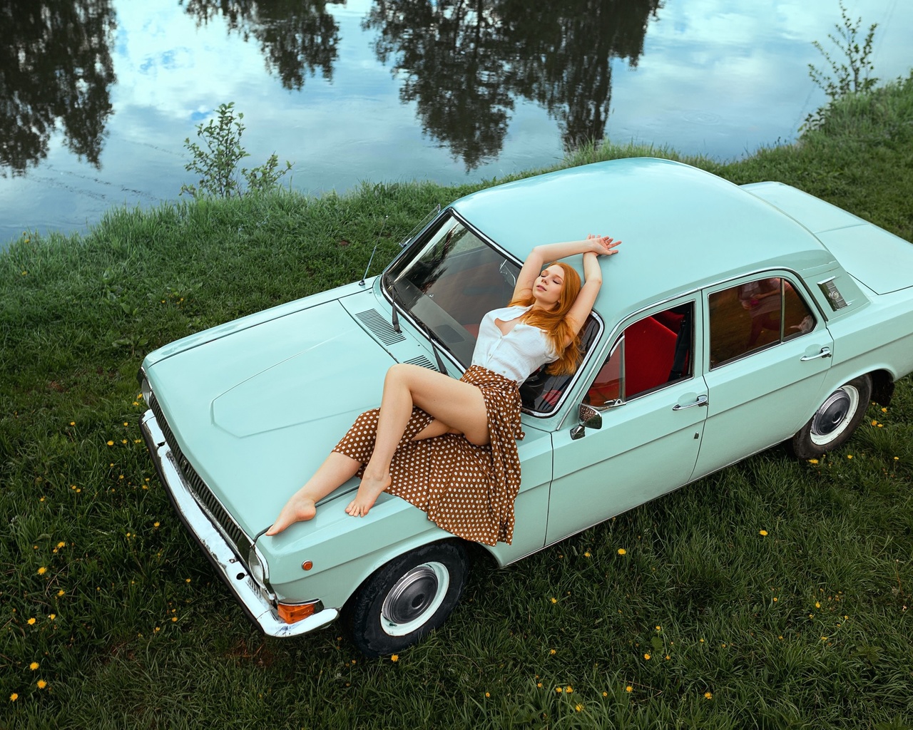 women, redhead, dress, car, top view, river, grass, women outdoors, ass, closed eyes, polka dots, women with cars, 