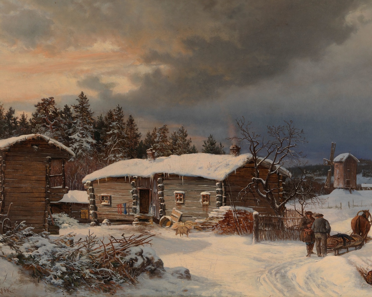 hjalmar munsterhjelm,  , 1866, winter landscape with farmhouse in hame,       , finnish national gallery